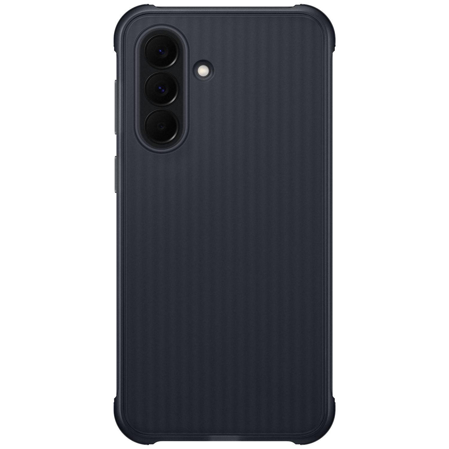 Donkergrijs smartphone met drie camera's en flitser aan de achterkant.