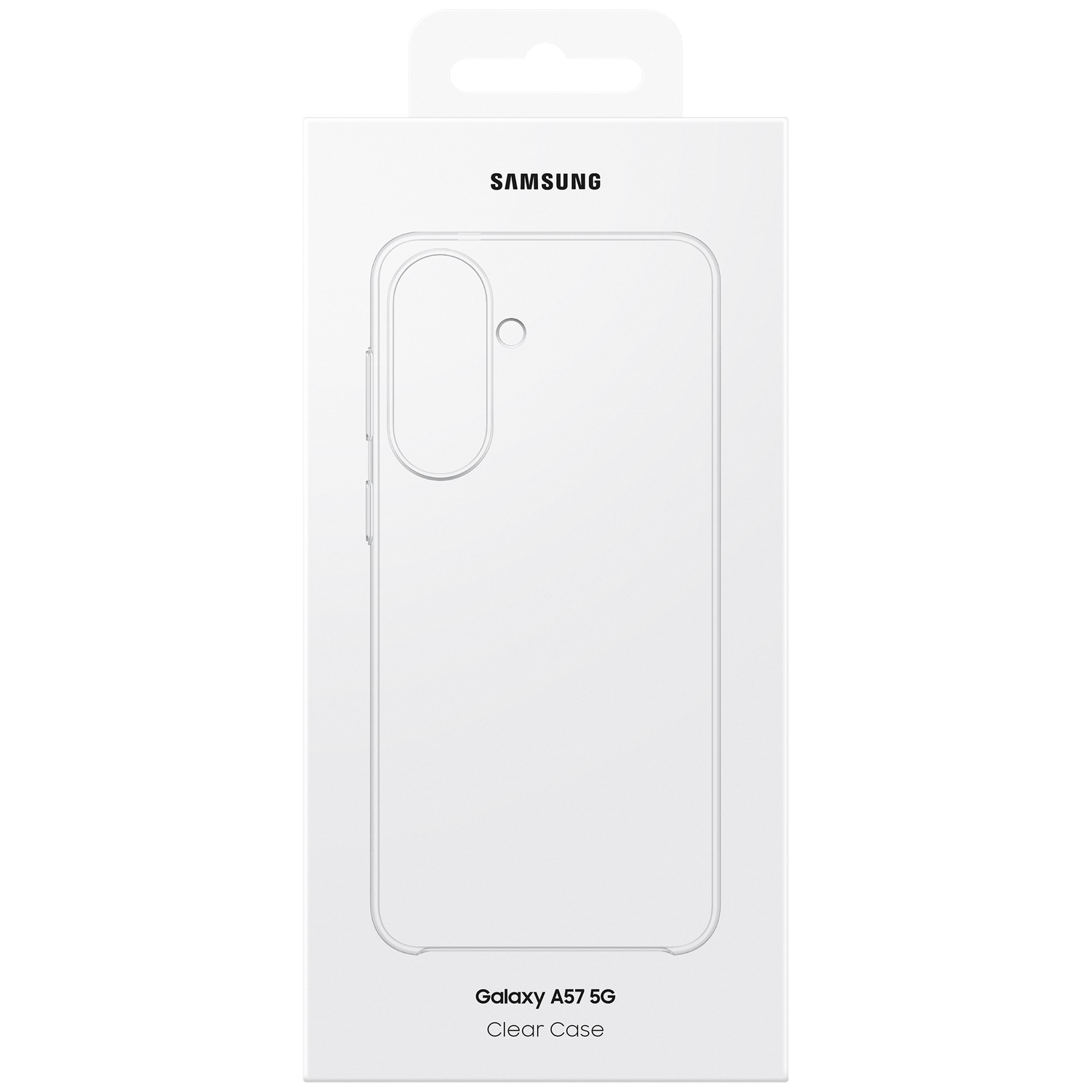 Verpakking Samsung Galaxy A57 5G Clear Case. Voorzien van Samsung logo en hoes outline.