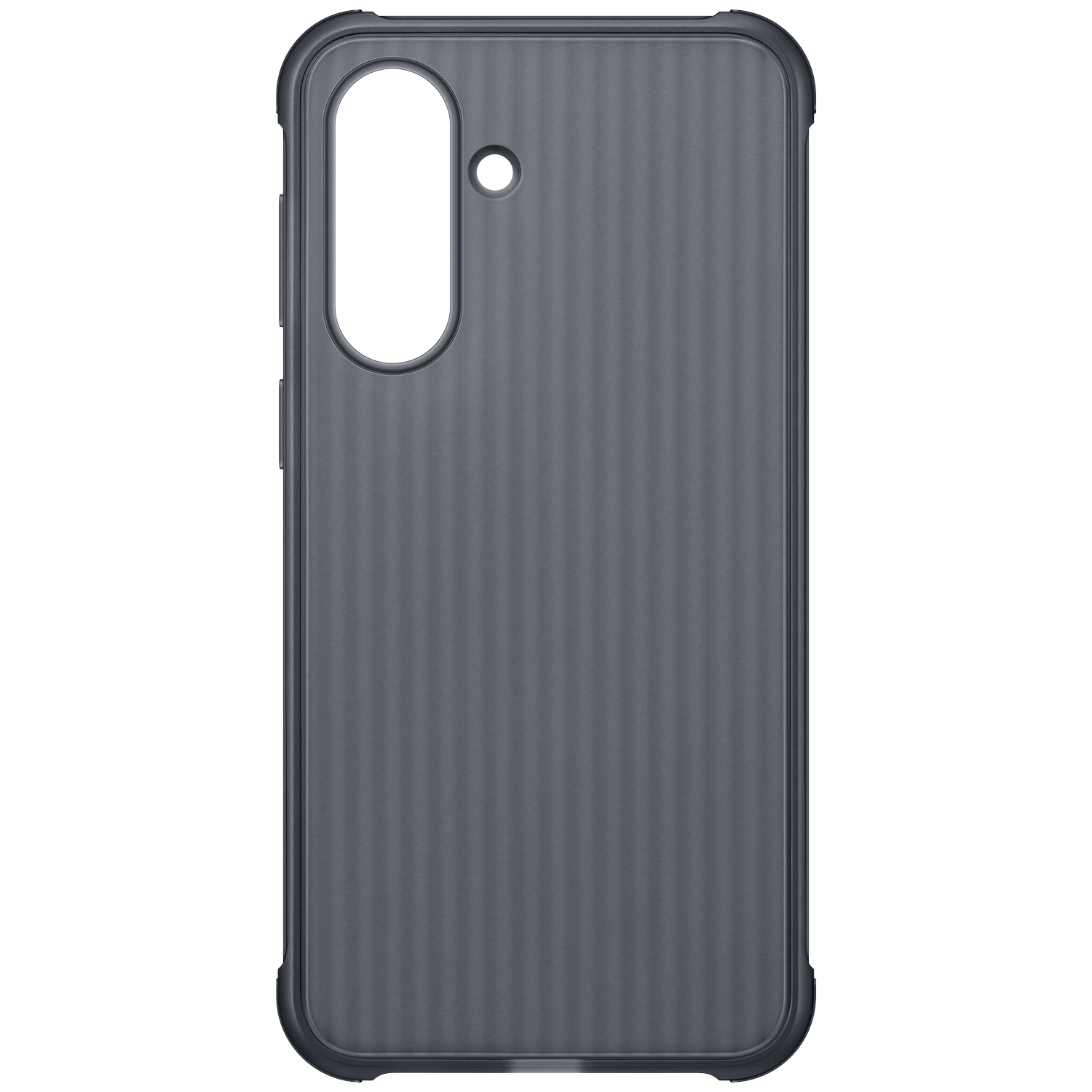 Donkergrijs telefoonhoesje met verticale ribbels en camera-uitsparing.