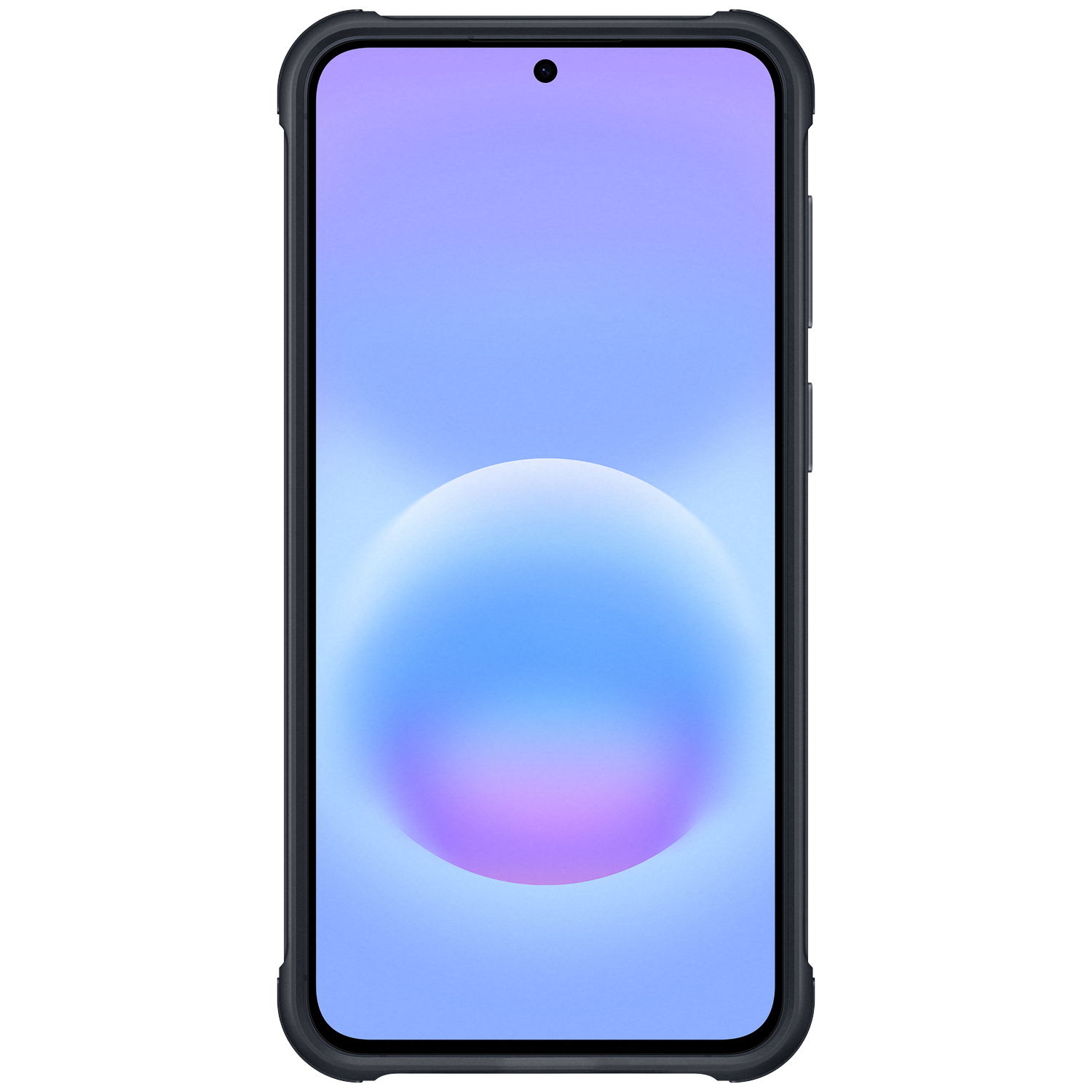 Un smartphone noir affiche un fond d'écran dégradé avec un cercle bleu à l'écran.