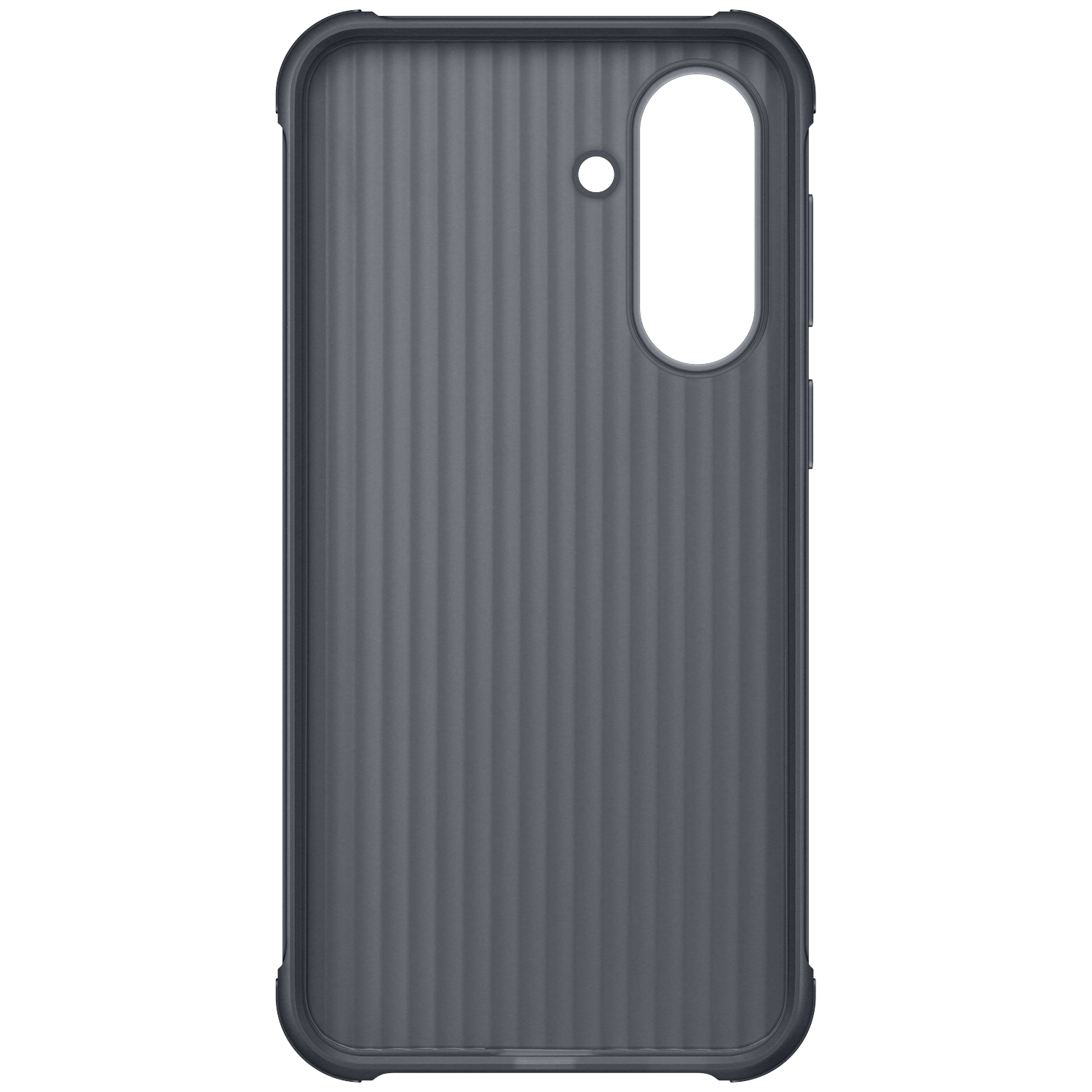 Donkergrijs telefoonhoesje met verticale ribbels en camera-uitsparing.