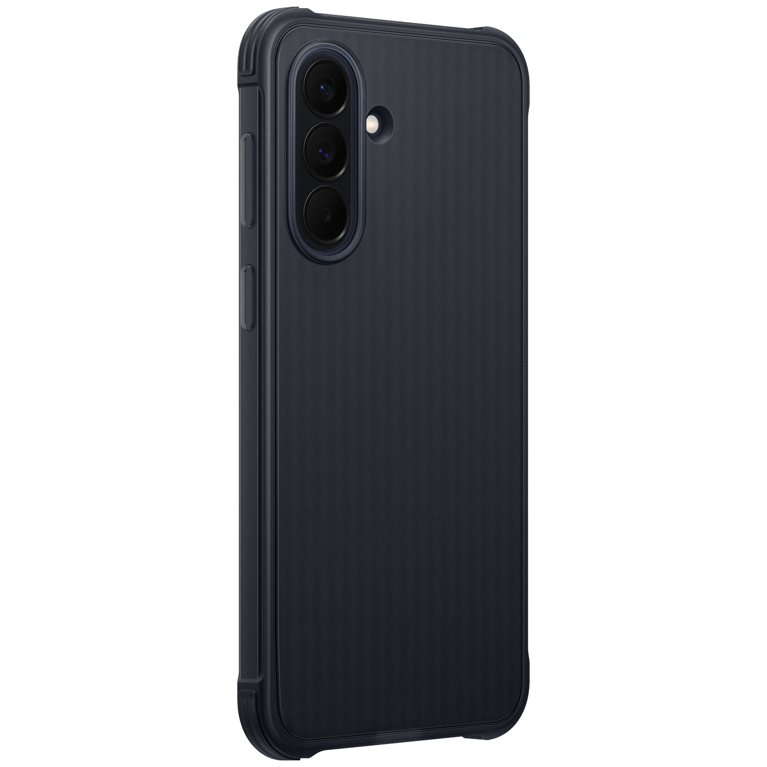 Smartphone bleu foncé avec trois caméras et un dos côtelé.