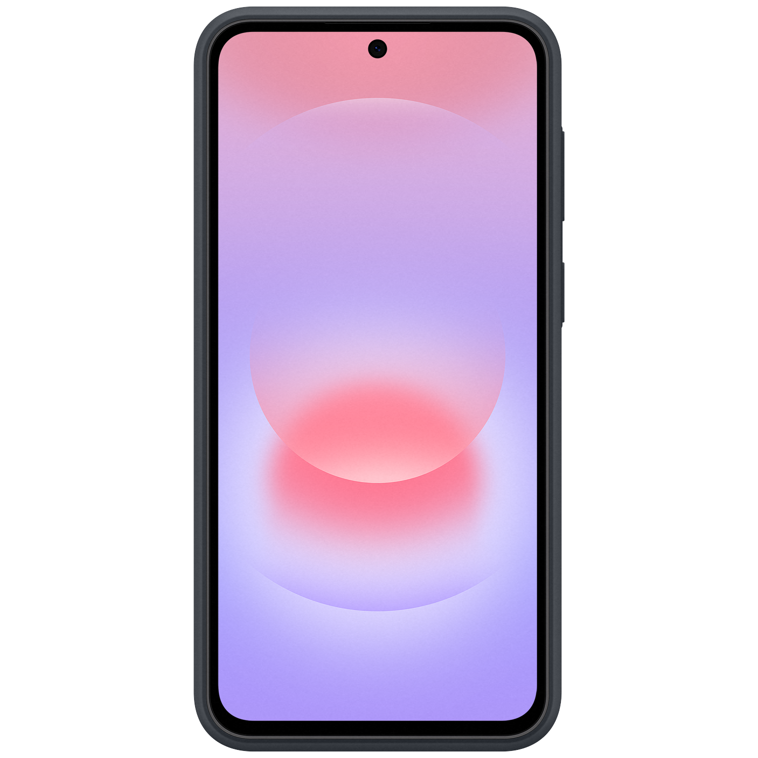 Un smartphone sombre affichant un dégradé doux de rose, violet et blanc.