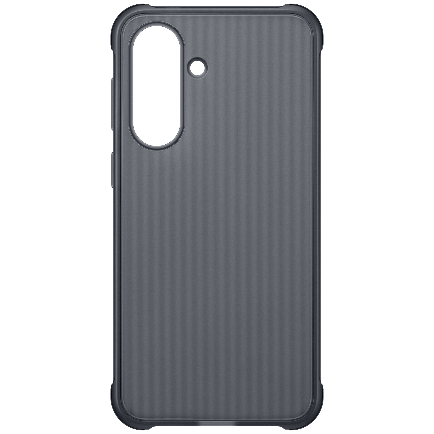 Coque de téléphone gris foncé avec rainures verticales et découpe caméra.
