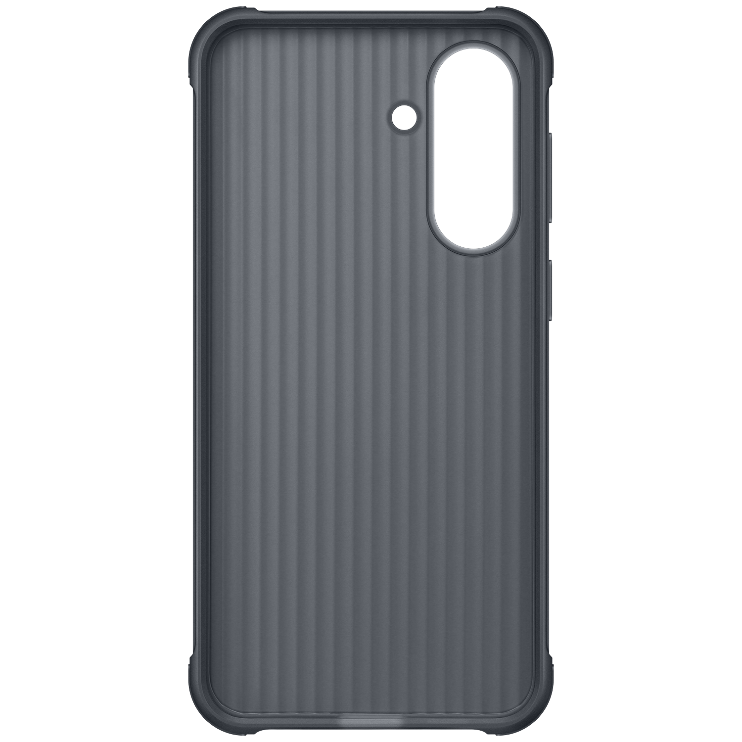 Coque de téléphone gris foncé avec nervures verticales et découpe caméra.