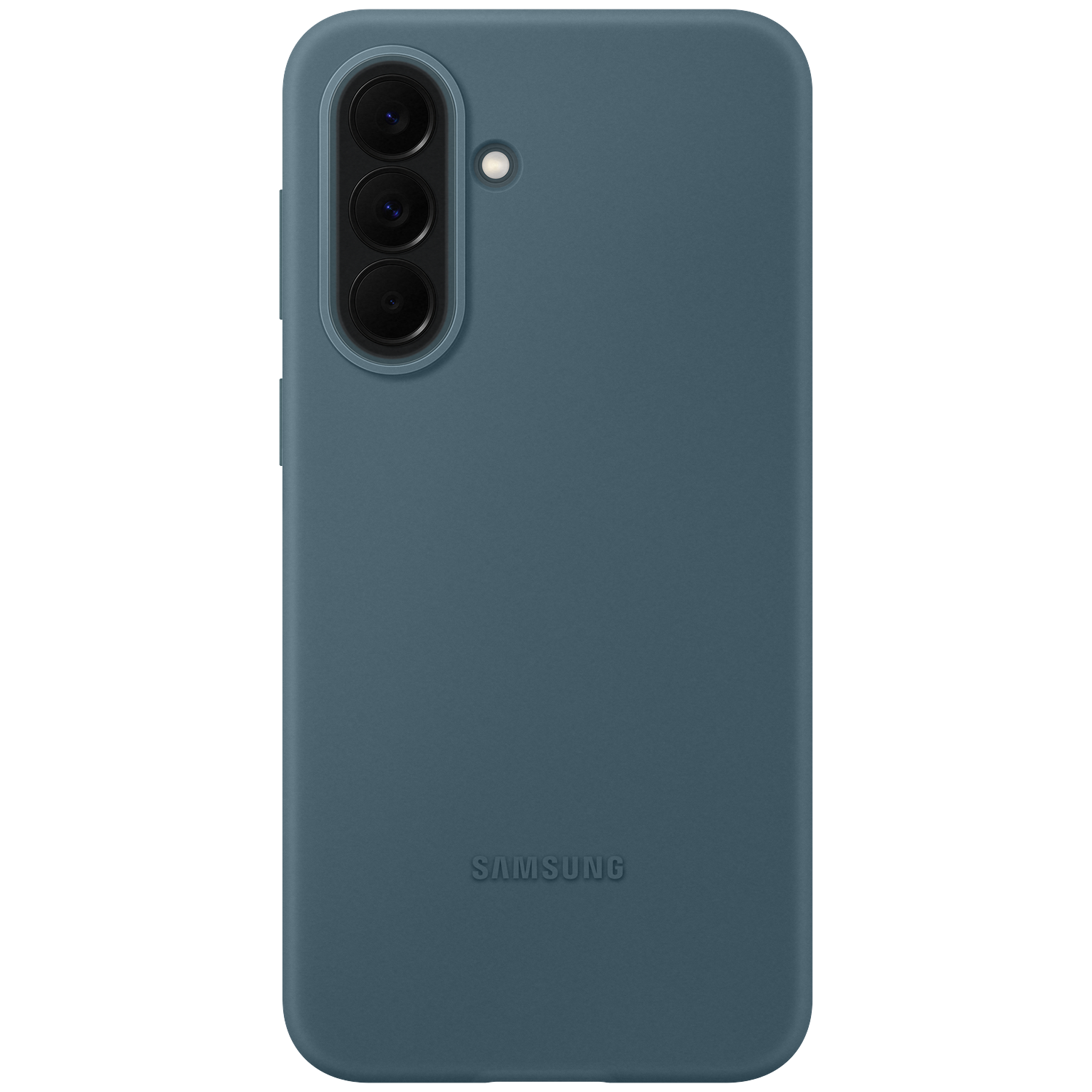 Een blauwe Samsung telefoonhoes met drie cameralenzen en flitser.