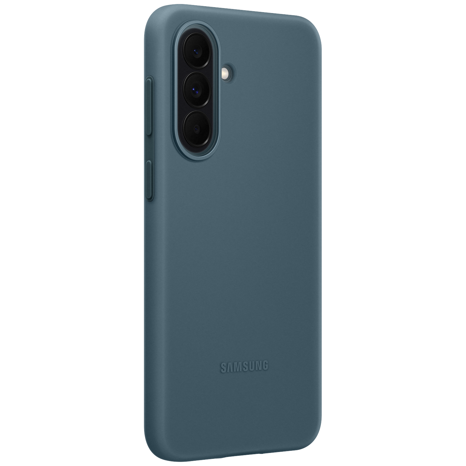 Blauw telefoonhoesje met drie cameralensjes en Samsung logo.