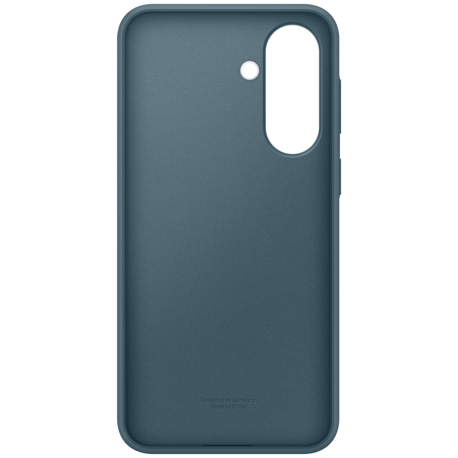 Een blauwe telefoonhoes met camera-uitsparing en knoppen.