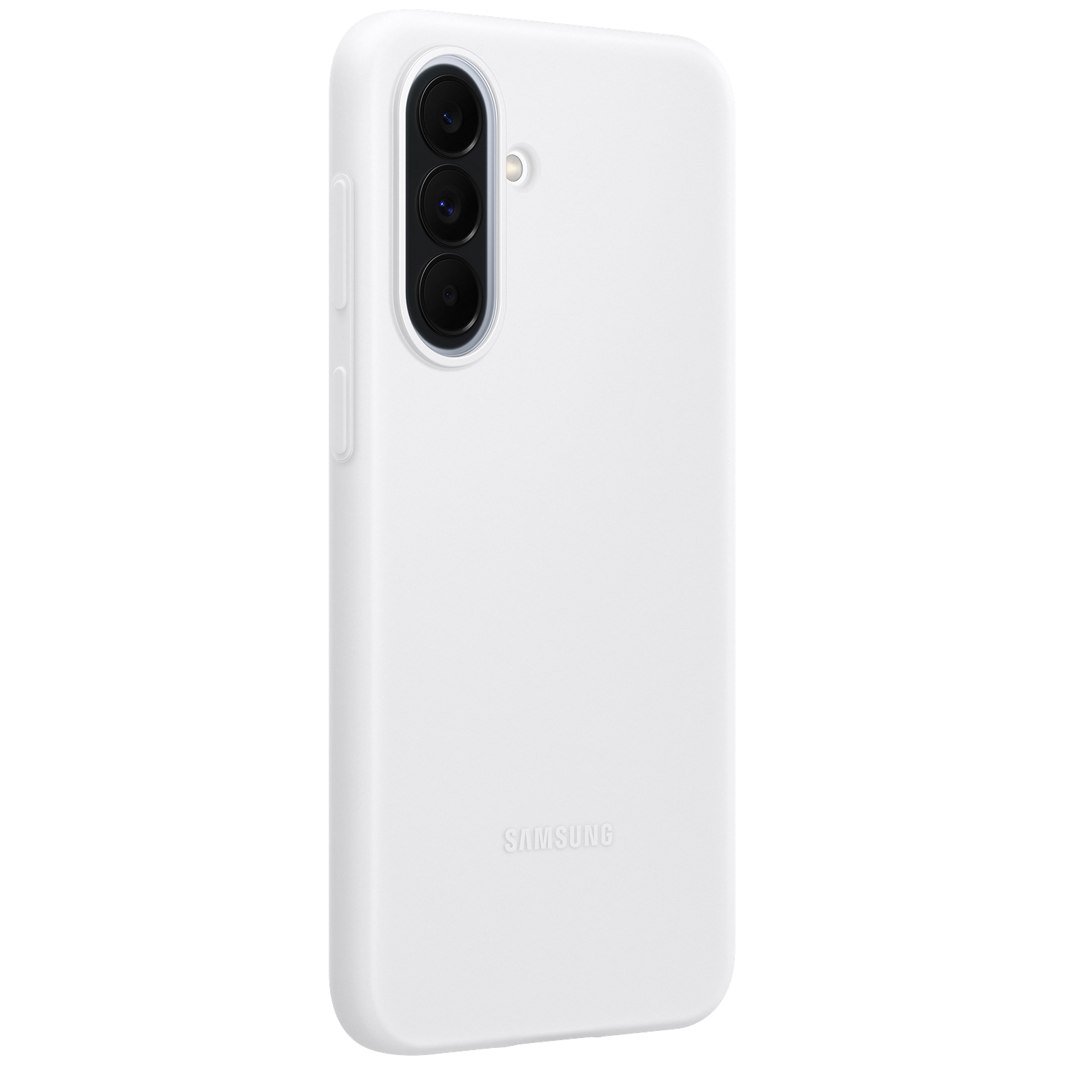 Wit telefoonhoesje met drie cameralenzen en SAMSUNG-logo.