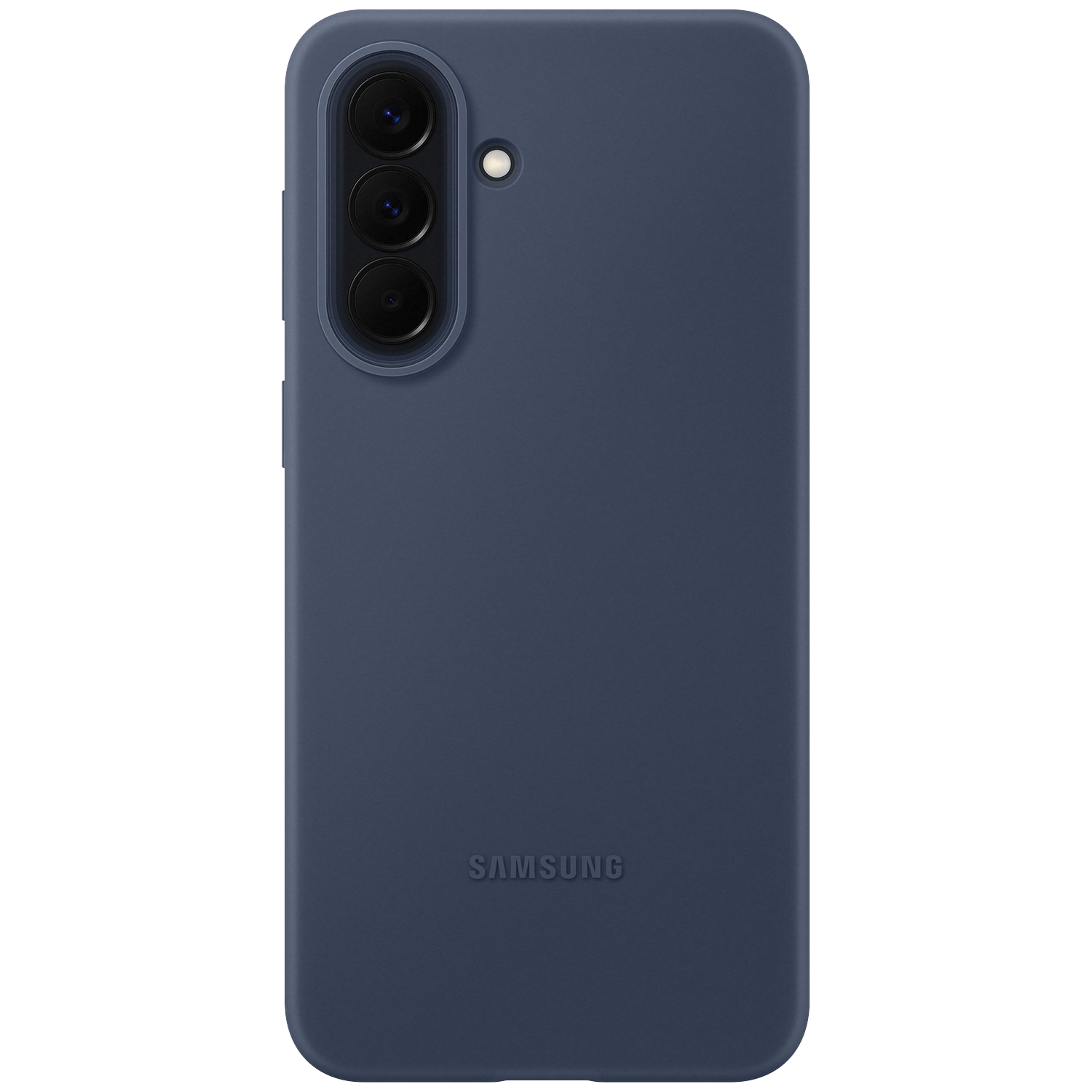 Donkerblauwe telefoonhoes met drie cameralenzen en Samsung logo.
