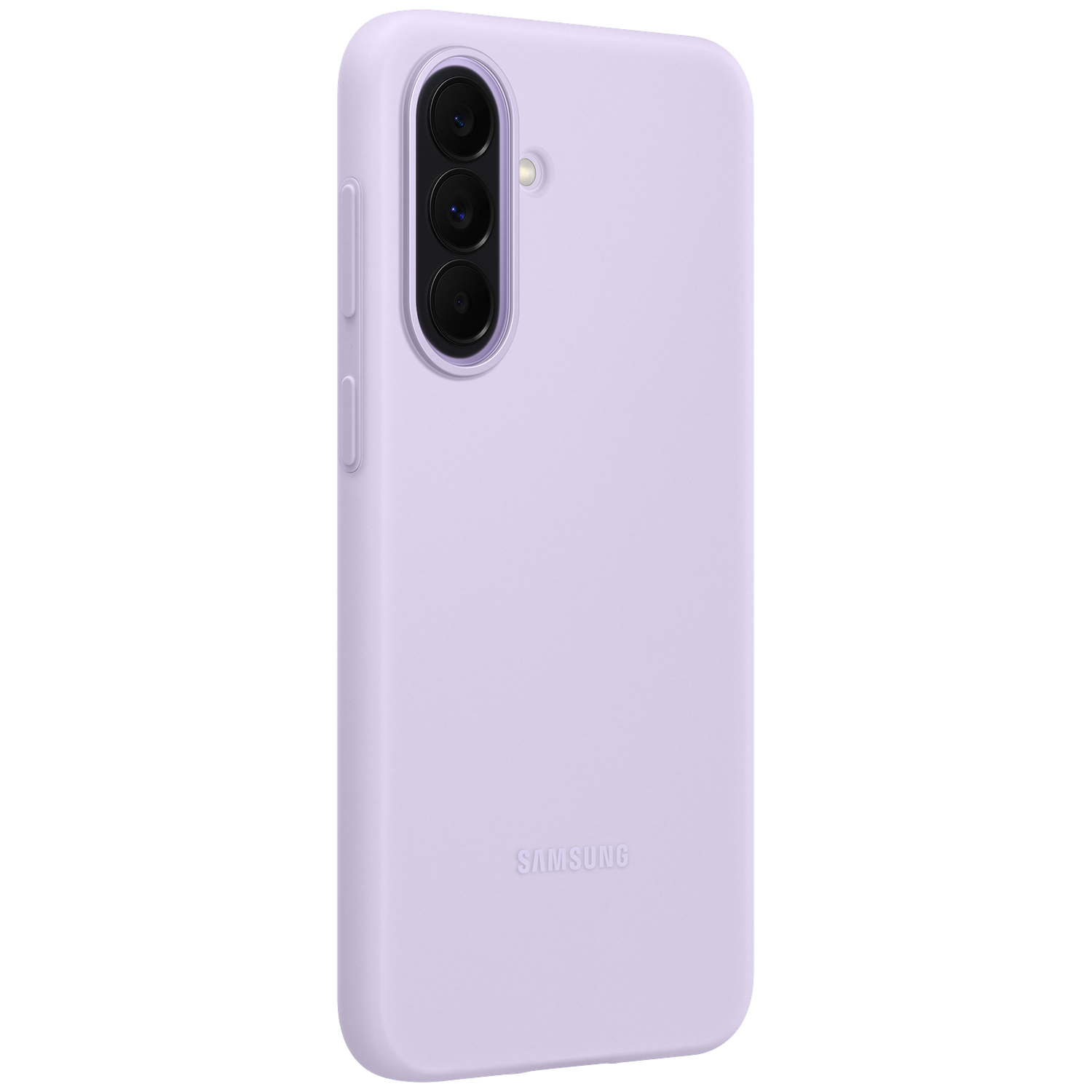 Een lavendelkleurige telefoonhoes met drie cameralenzen en het Samsung-logo.