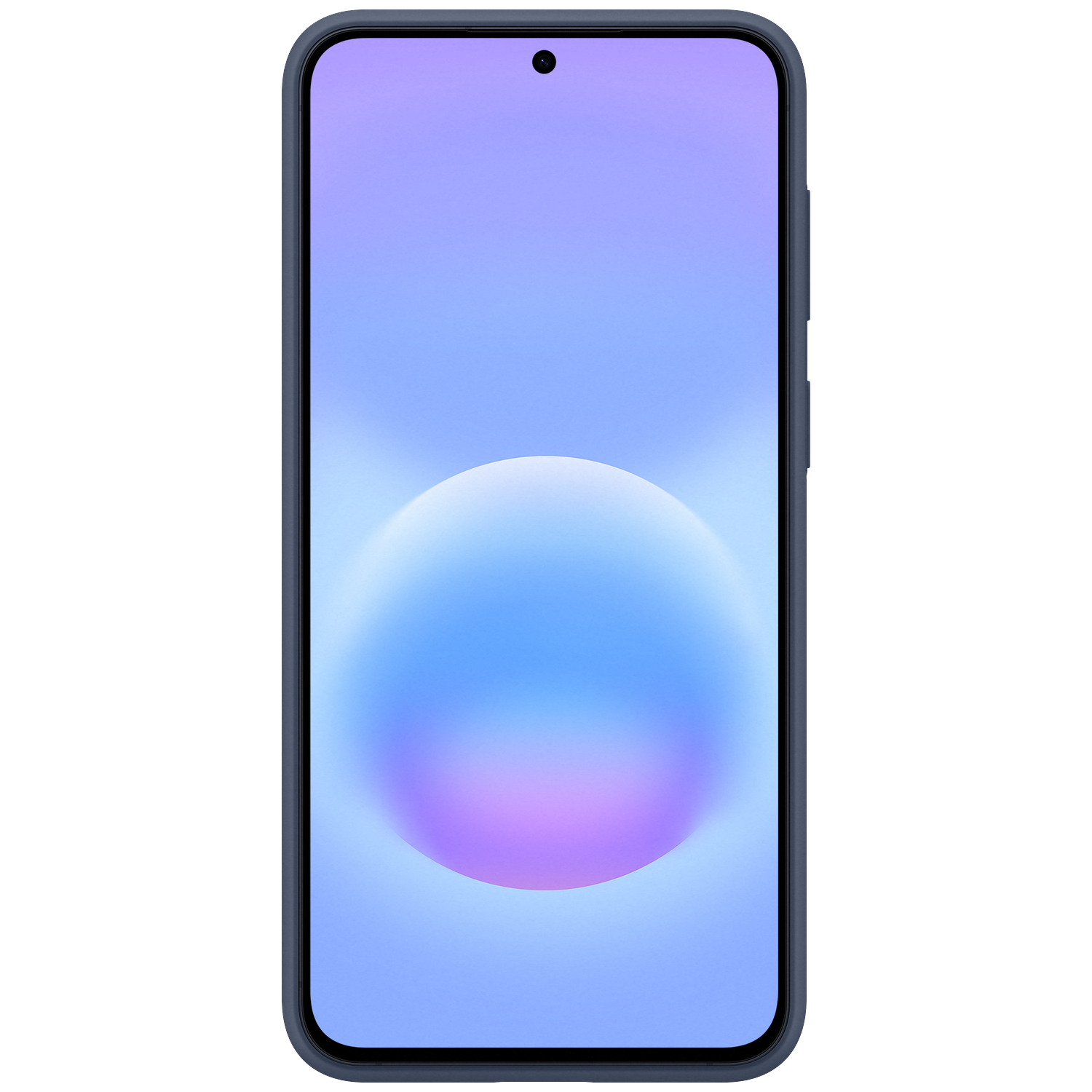 Een donkergrijze smartphone met een abstracte blauwe en paarse achtergrond.