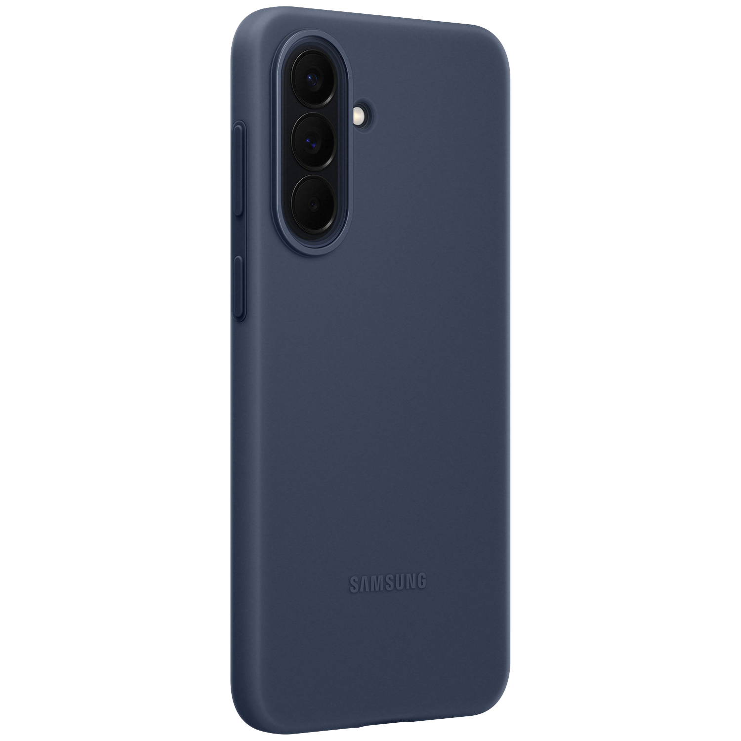 Donkerblauwe telefoonhoes met drie cameralenzen en Samsung logo.