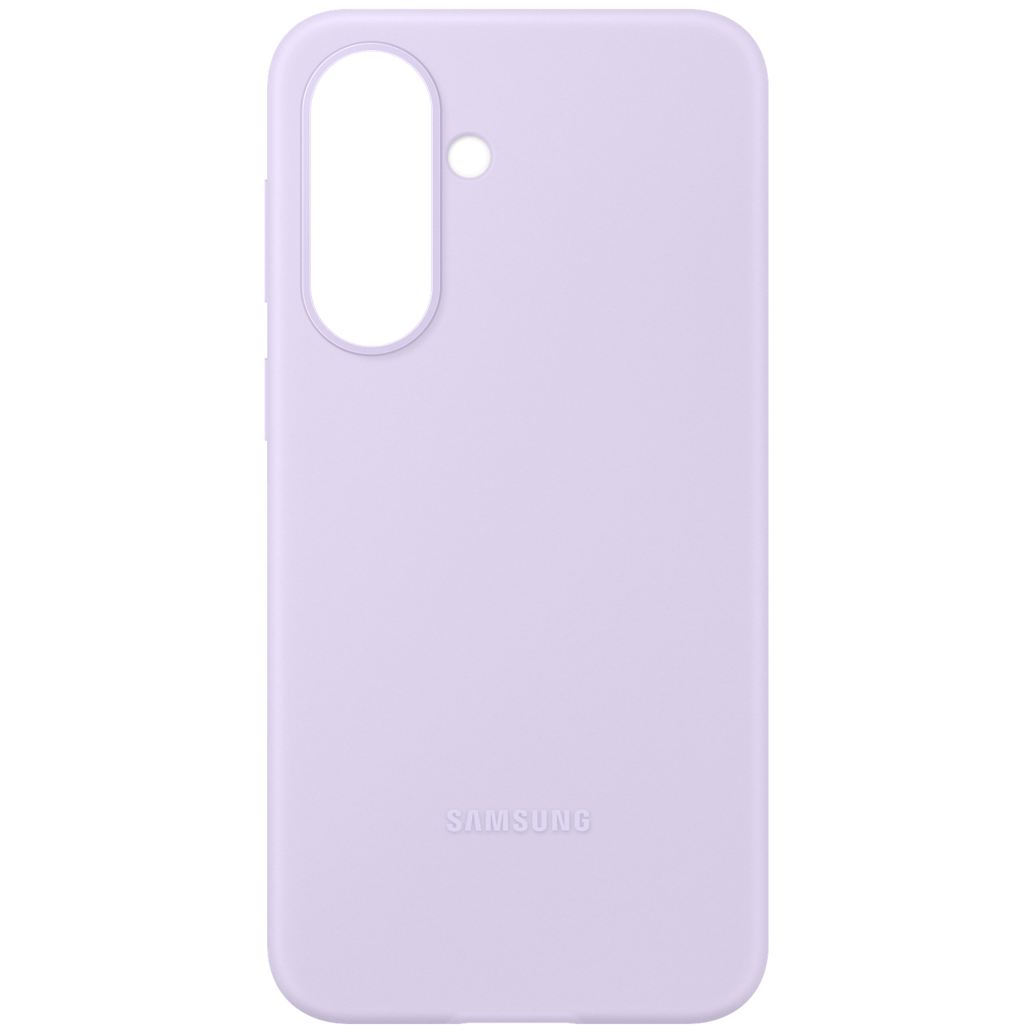 Een lavendelkleurige telefoonhoes met camerauitsparing en Samsung-logo.