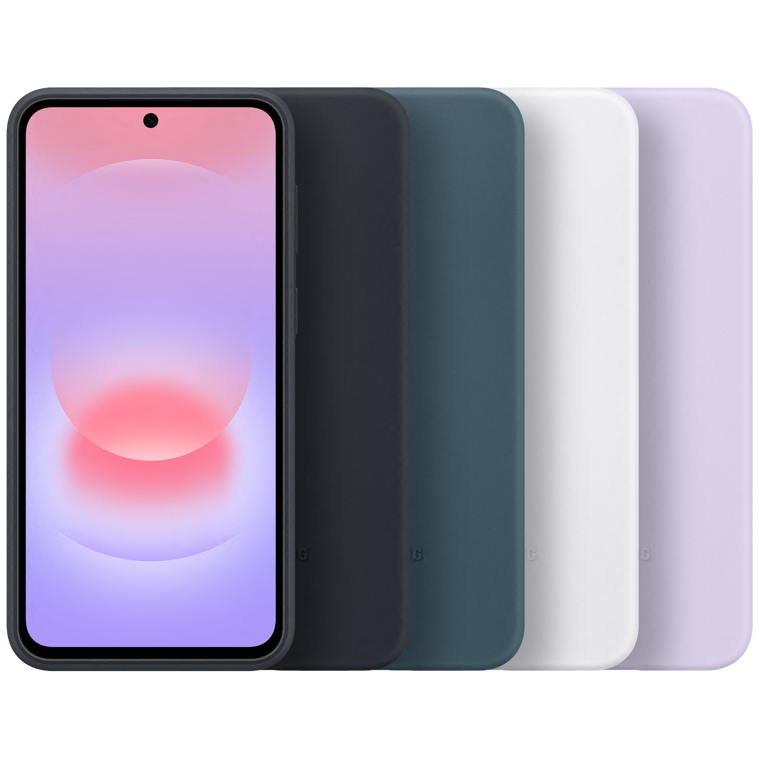 Een smartphone met donker frame en vier telefoonhoesjes in donkergrijs, blauw, wit en paars.