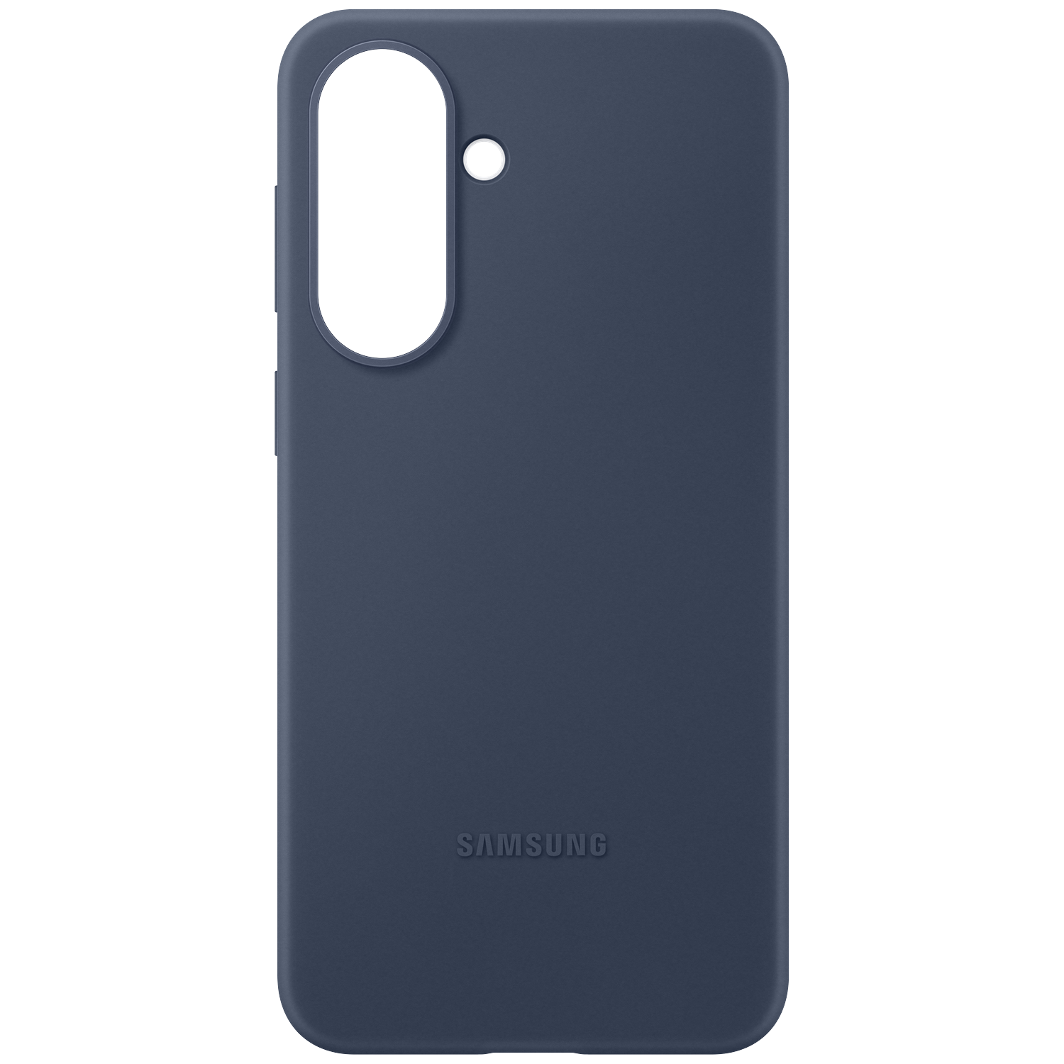 Donkerblauwe Samsung telefoonhoes met camera-uitsparing en logo.