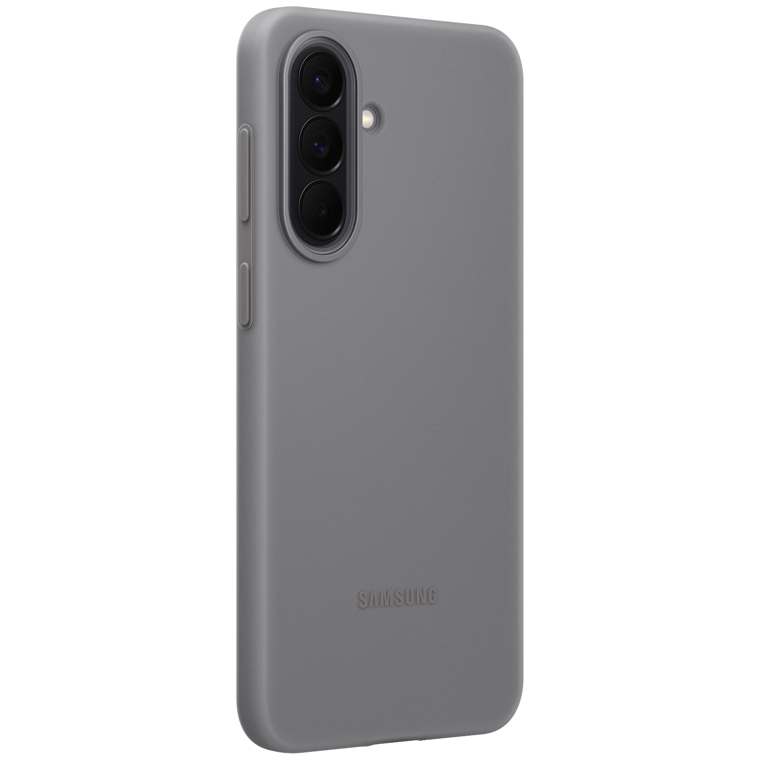 Grijze telefoonhoes met camerasysteem en Samsung-logo.