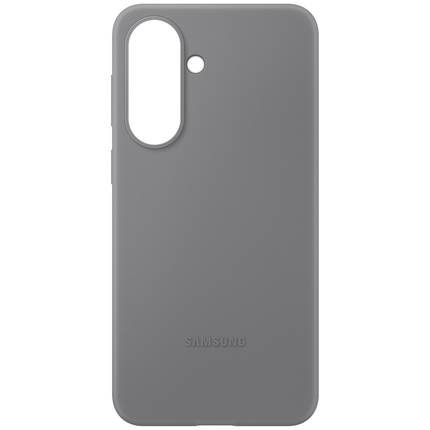 Grijze Samsung telefoonhoes met camera-uitsparing en logo.