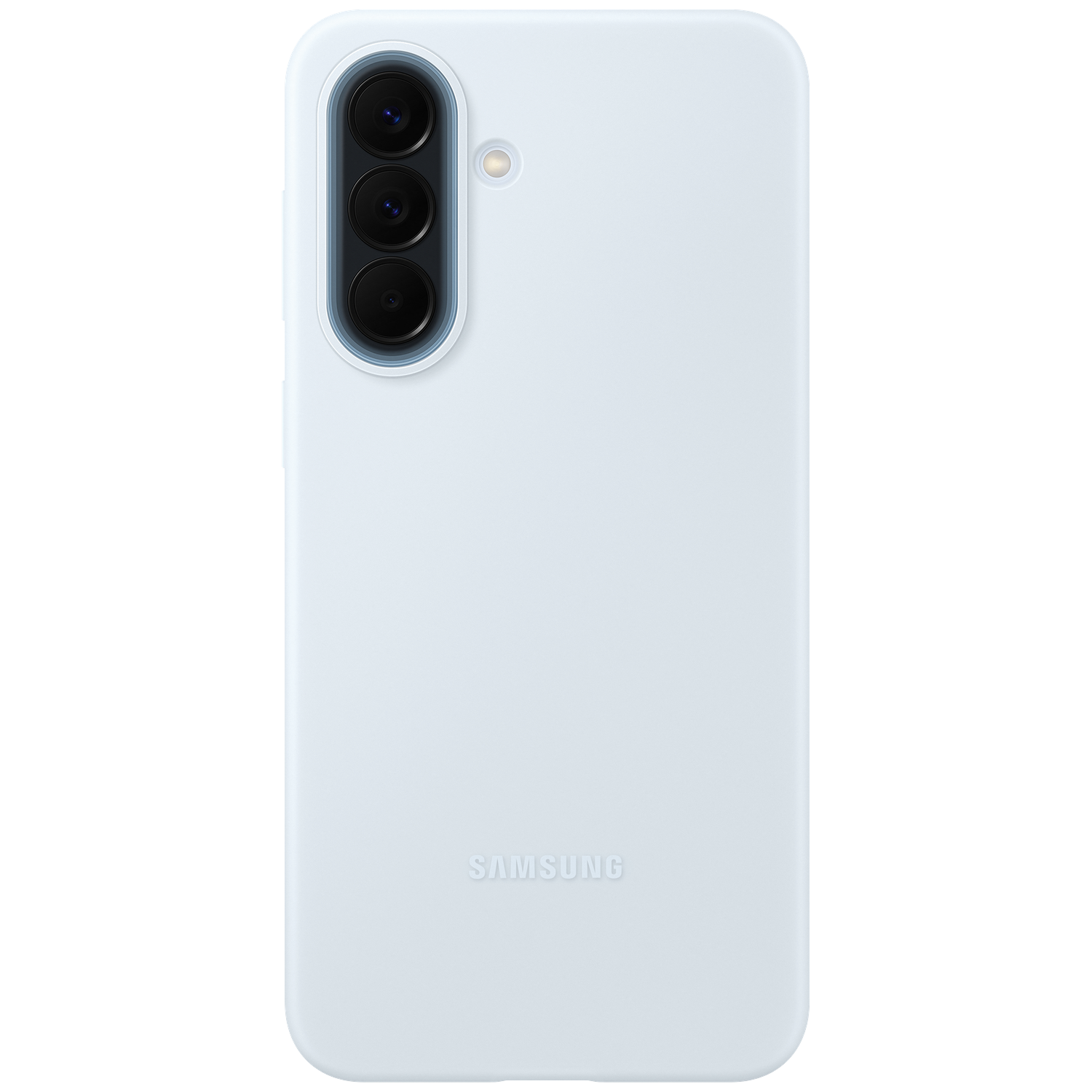 Een lichtblauwe Samsung telefoon met drie camera's en flitser aan de achterkant.