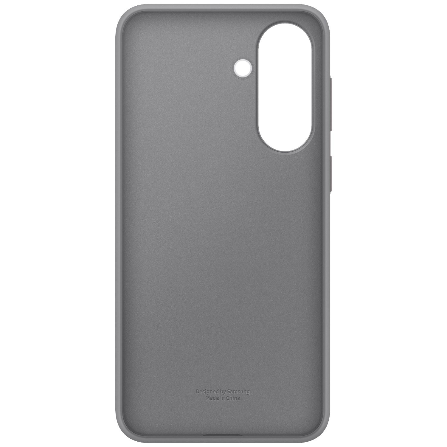 Grijze telefoonhoes met uitsparingen voor camera en knoppen.