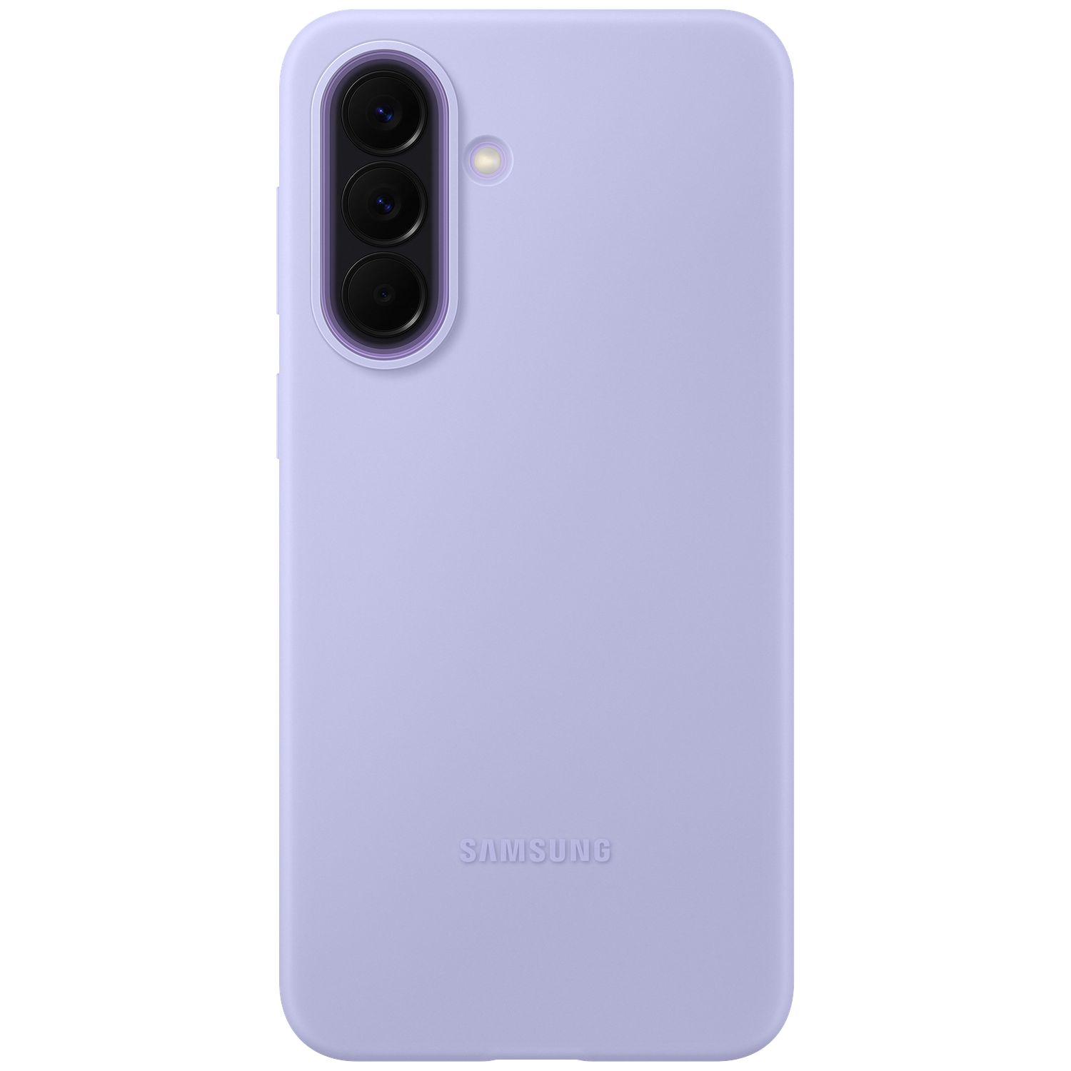 Une coque violette Samsung avec découpe caméra et logo en relief.