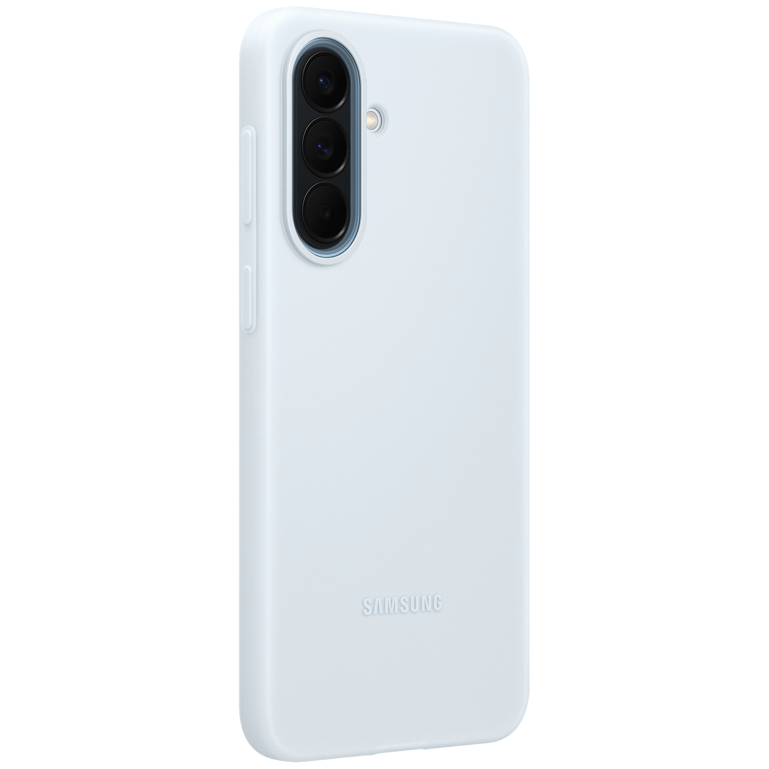 Lichtblauwe Samsung telefoonhoes met drie cameralenzen en flitser.