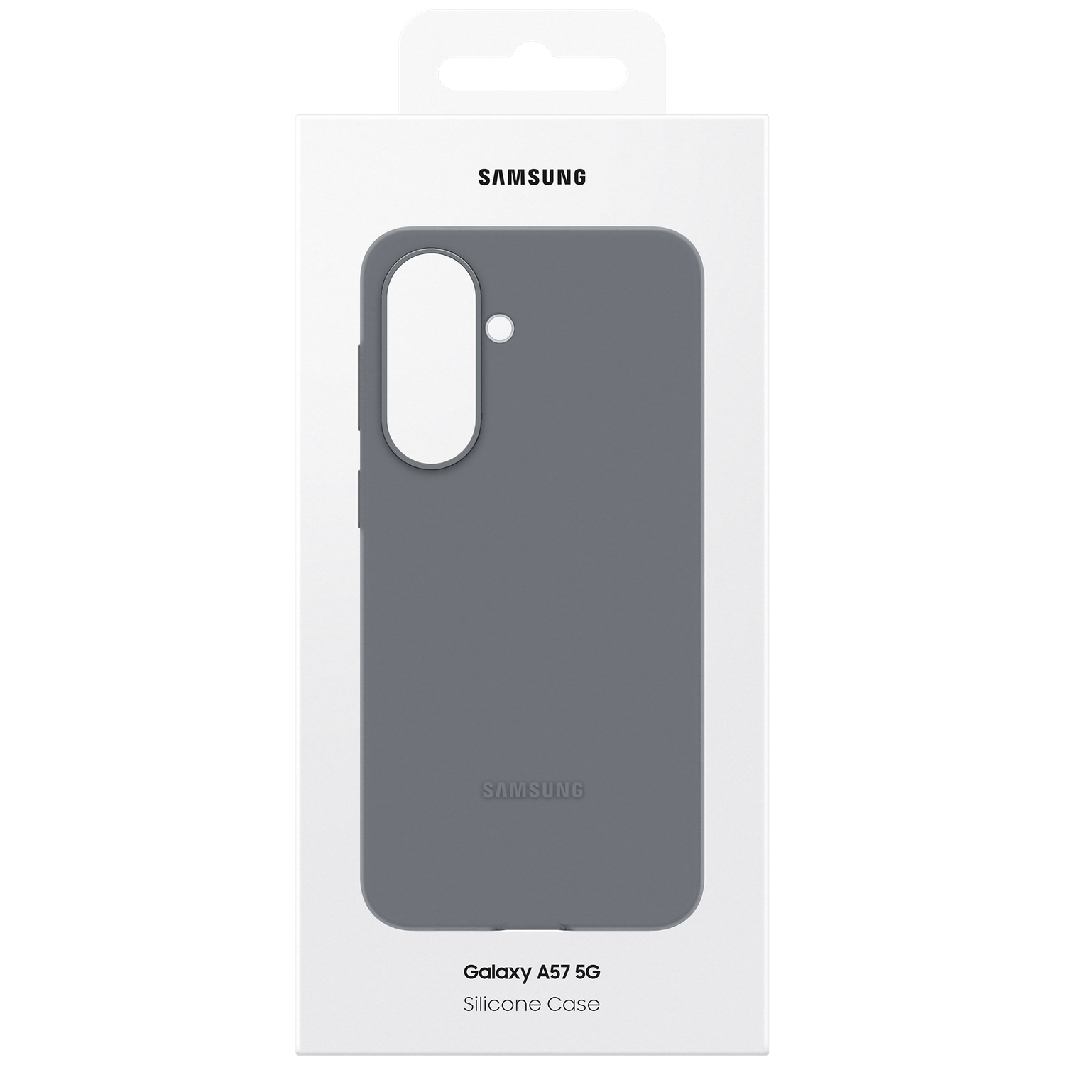 Grijze Samsung Galaxy A57 5G siliconen hoes in witte verpakking.
