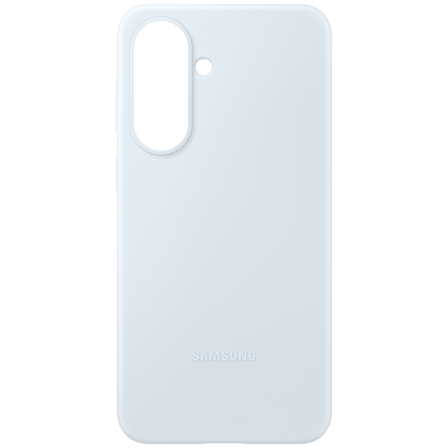 Een lichtblauwe telefoonhoes met een ovale camera-uitsparing en het Samsung-logo.