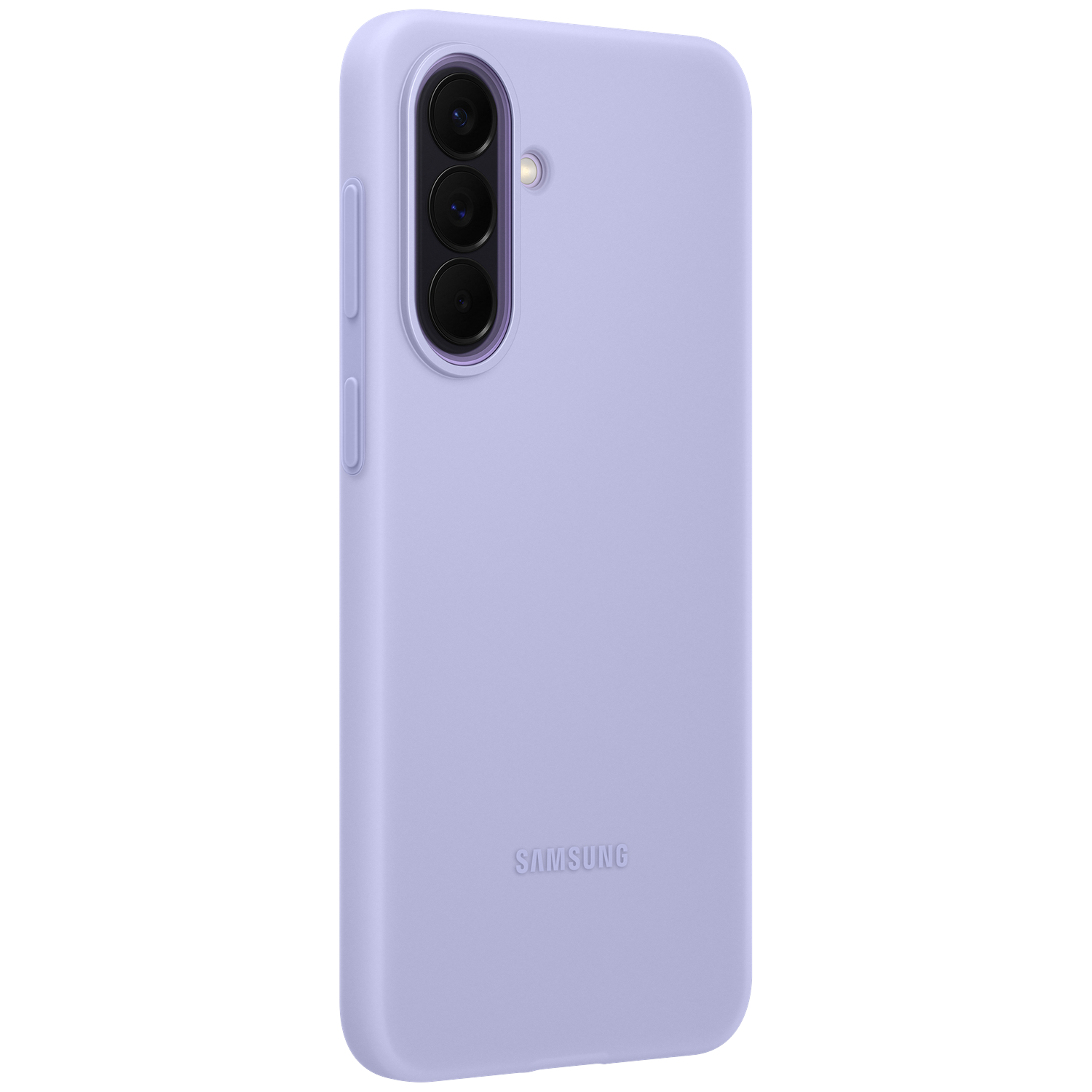 Une coque de téléphone lavande avec trois objectifs photo et le logo Samsung.