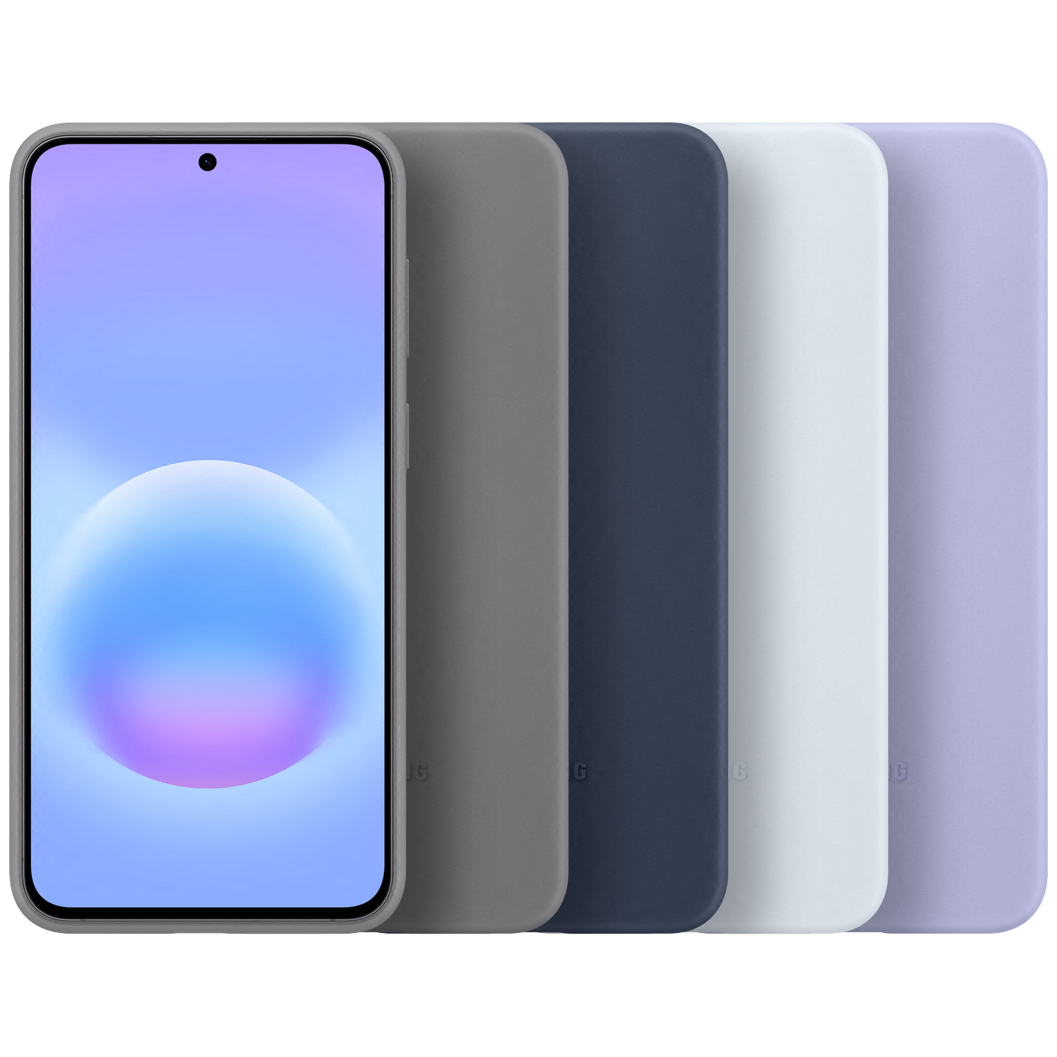 Een smartphone met een blauwe en paarse achtergrond, omringd door vier gekleurde hoesjes.