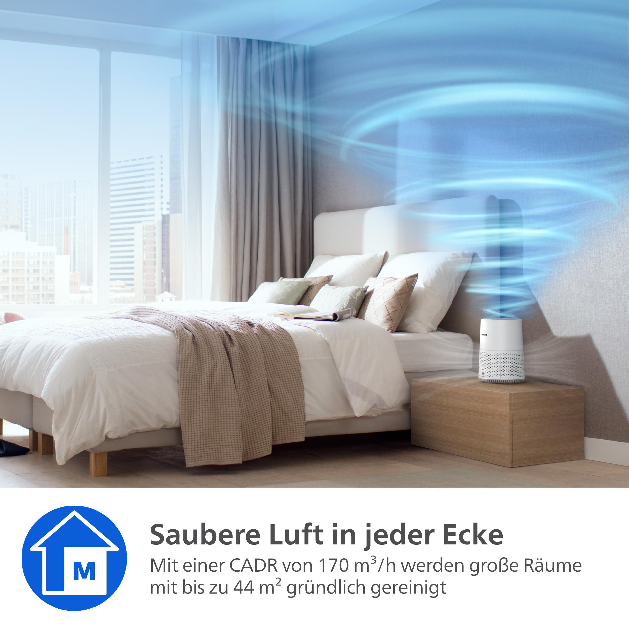 Ein weißer Luftreiniger auf einem Nachttisch in einem Schlafzimmer mit blauem Wirbel.