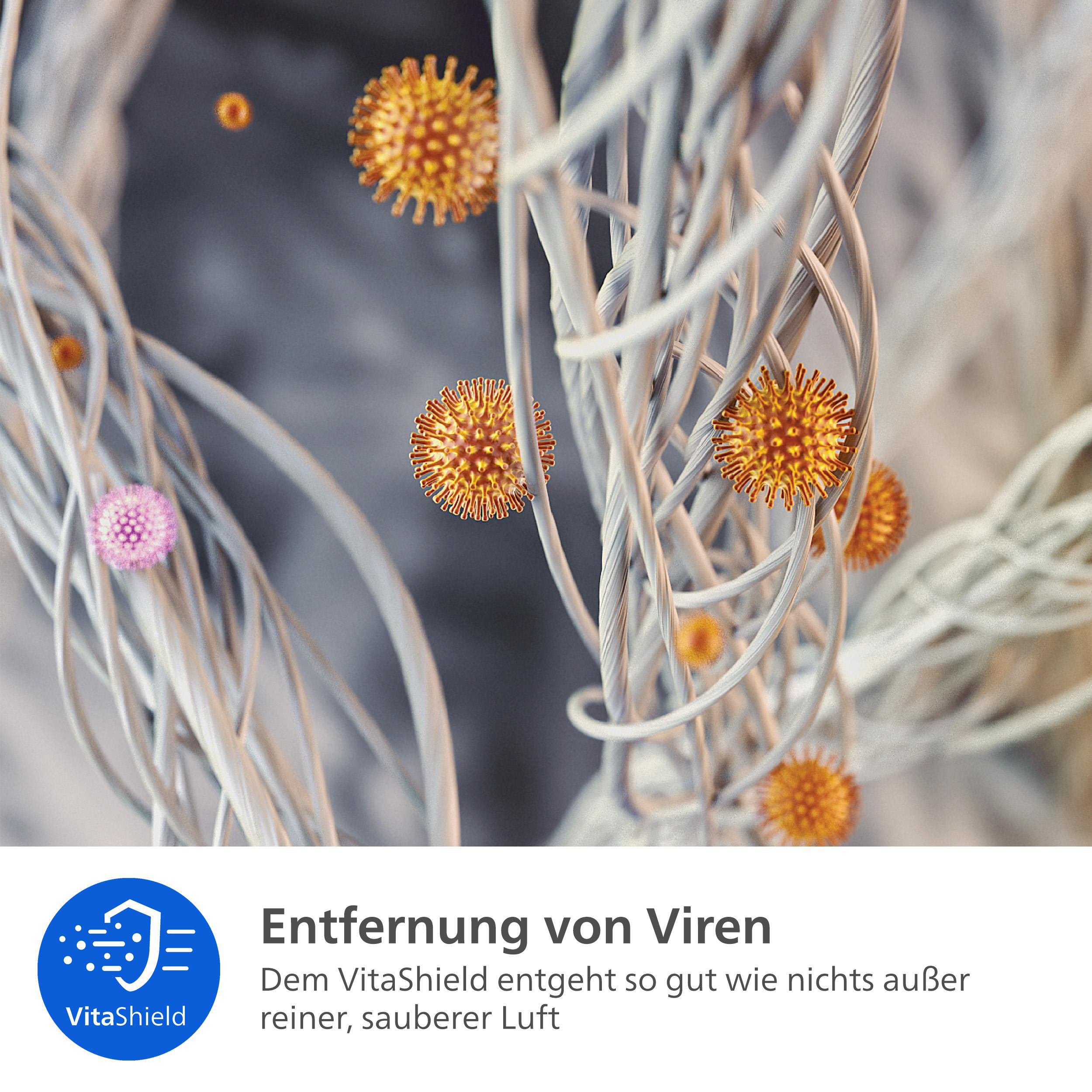 Viren schweben zwischen feinen Fasern, mit einem VitaShield-Logo und Text.
