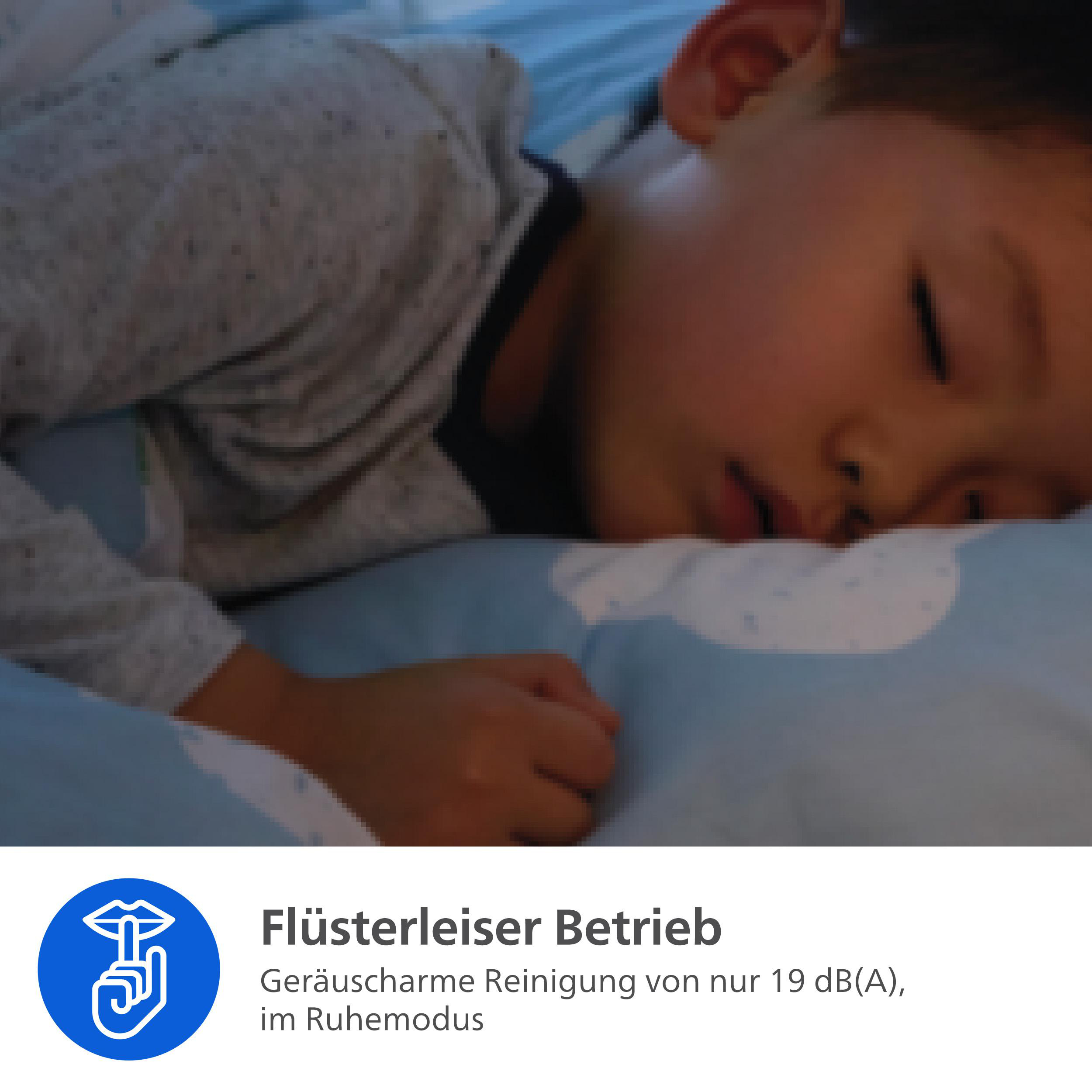 Ein Kind schläft auf einem blauen Bett mit Muster. Ein Symbol für leisen Betrieb ist zu sehen.