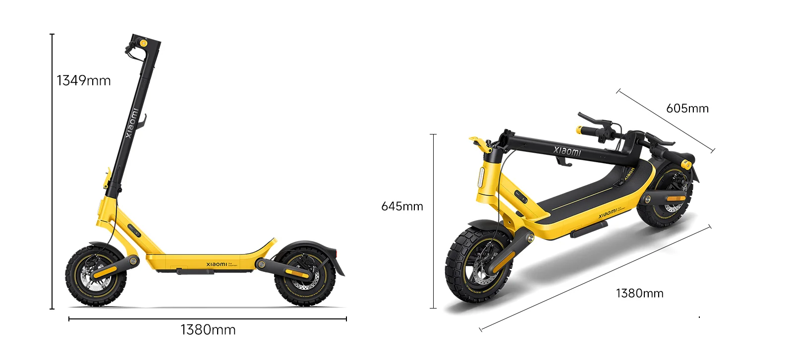 Sárga Xiaomi elektromos roller fekete díszítésekkel, oldalnézetben és összecsukva.