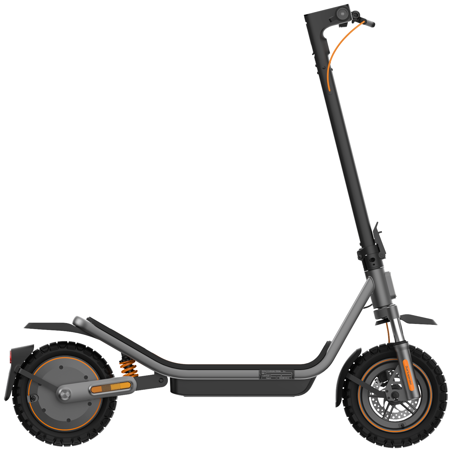 Egy szürke elektromos roller narancssárga díszítéssel fekete háttéren.