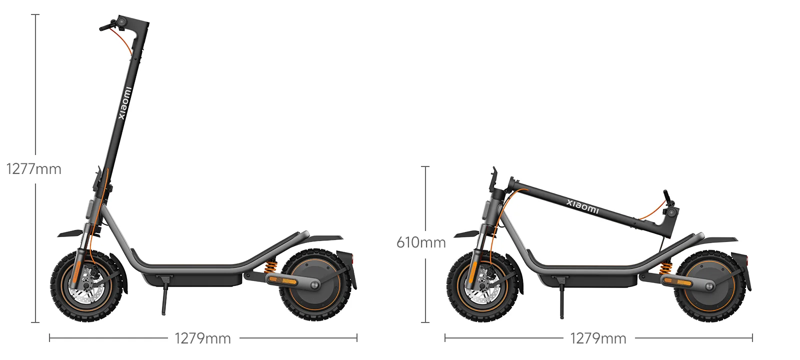 Egy szürke Xiaomi elektromos roller, teljes hosszában és összecsukva, méretekkel.