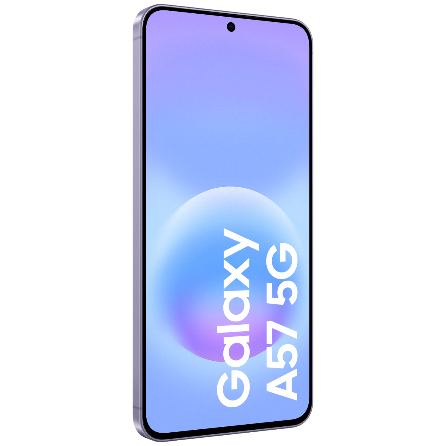 A purple smartphone displaying "Galaxy A57 5G" text on its screen.