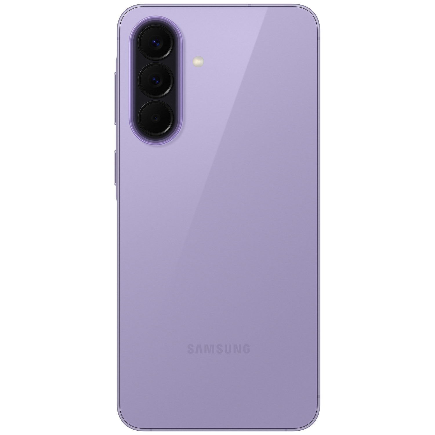 Purple Samsung smartphone with three cameras and flash on a black background.