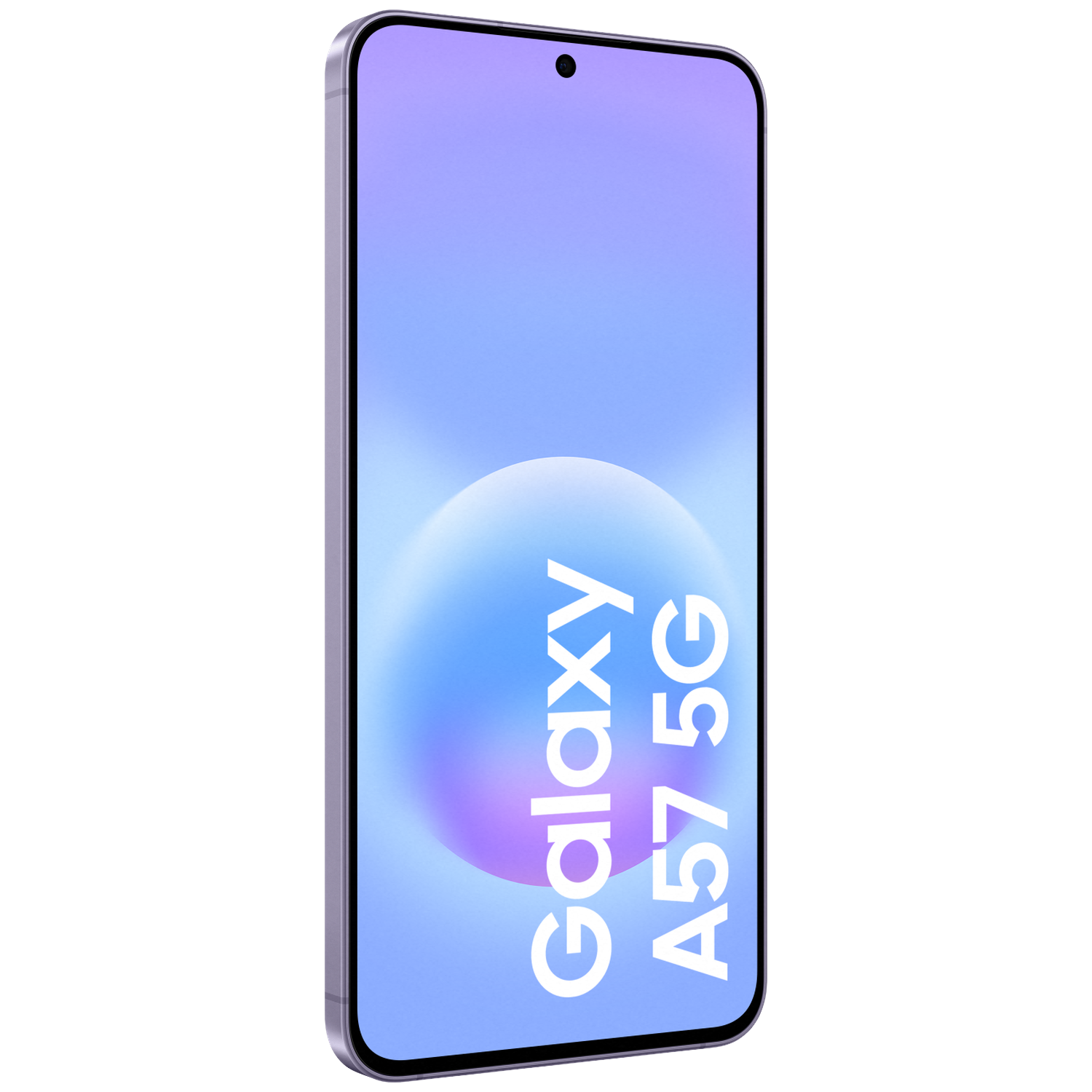 Silver smartphone with purple background displaying 'Galaxy A57 5G'.