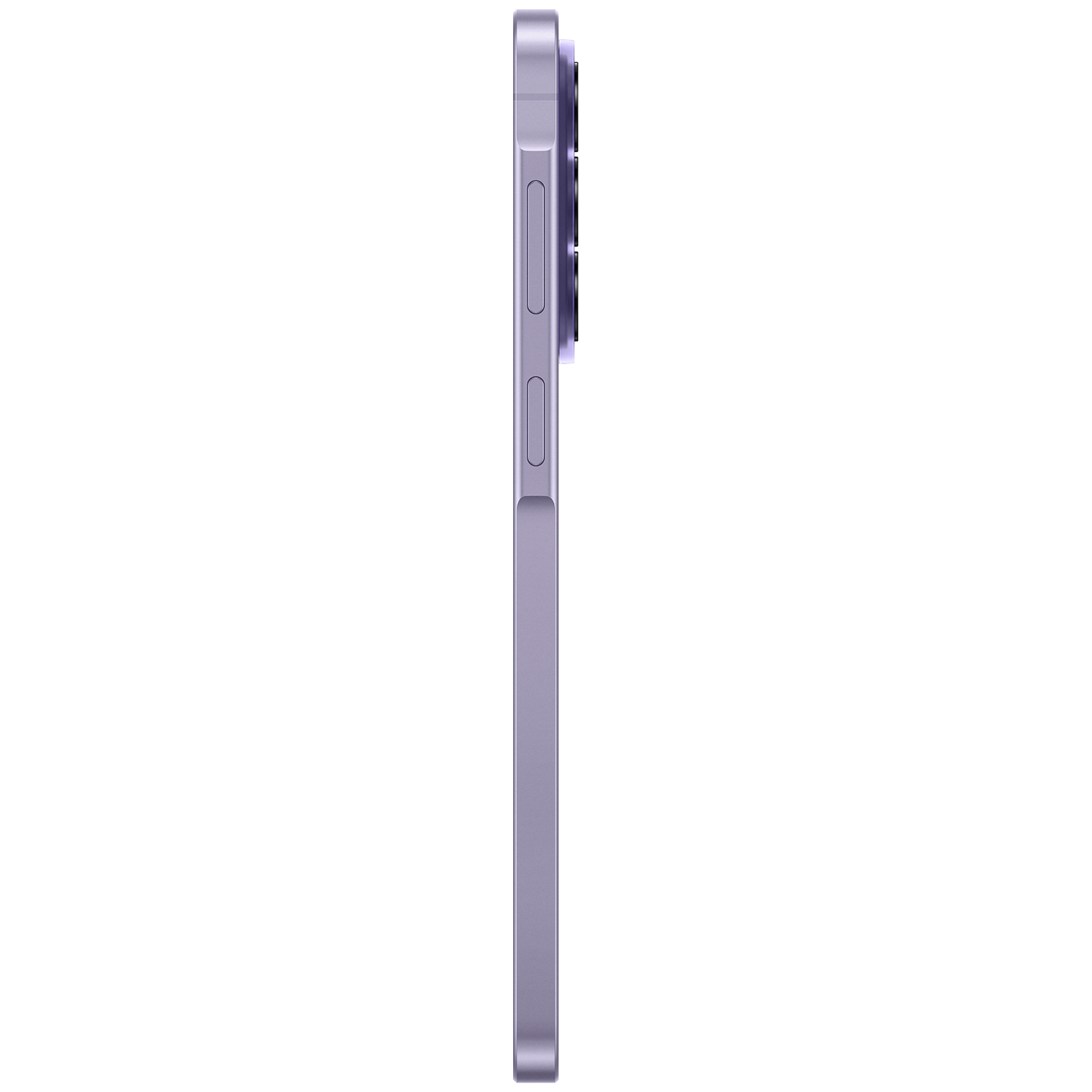 Purple smartphone seen from the side, focusing on camera lens and buttons.
