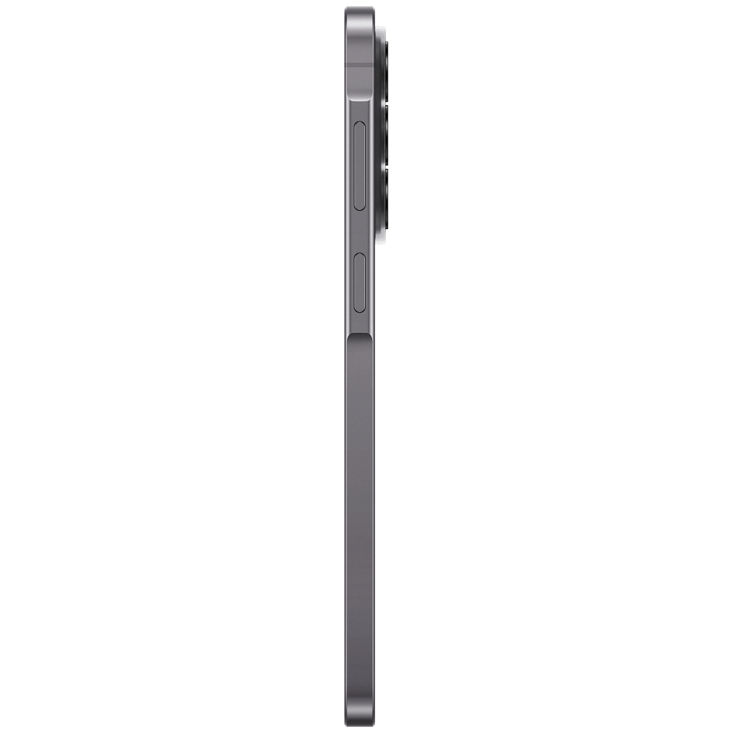 Gray smartphone in profile with visible buttons and camera module.