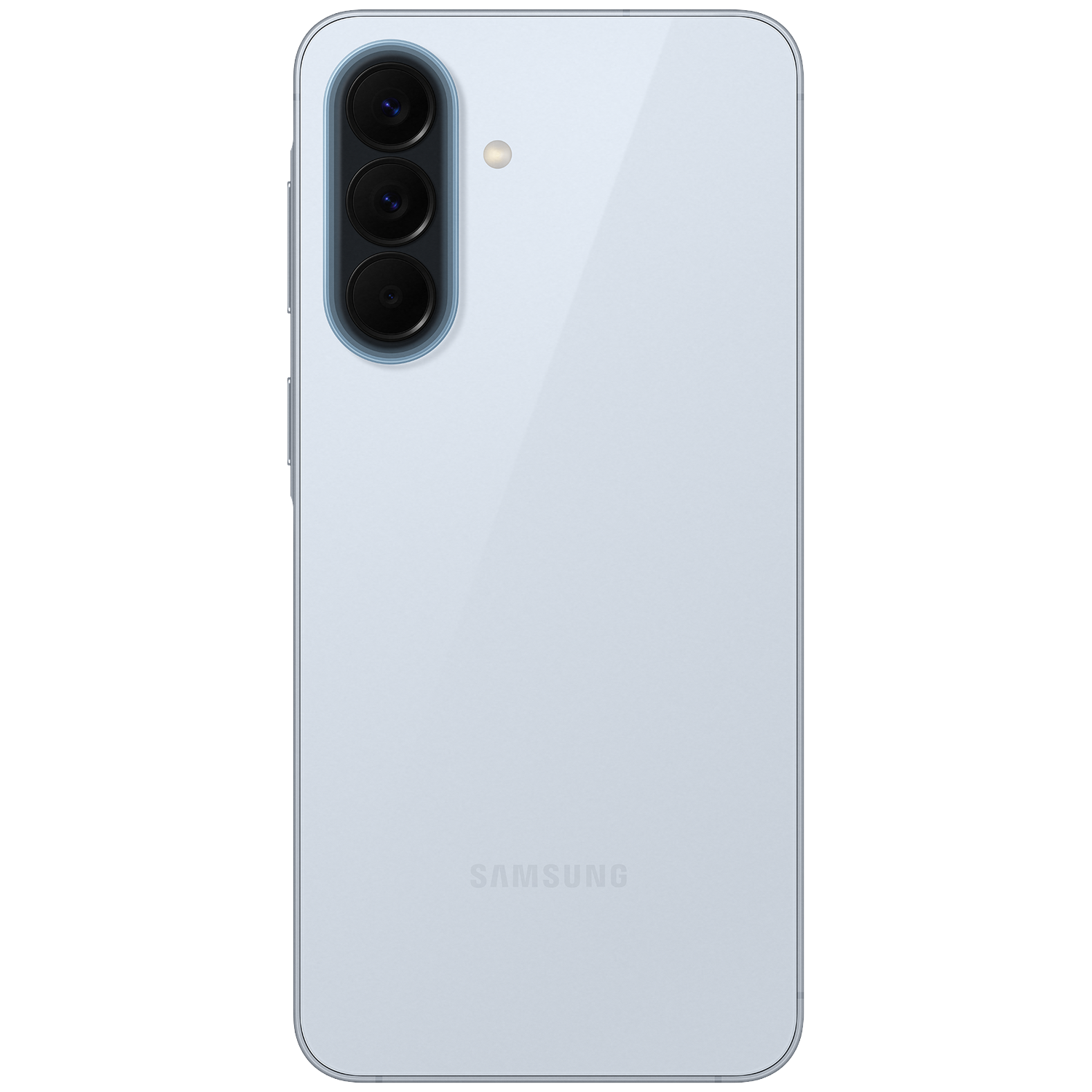 Back of a light blue Samsung smartphone with three camera lenses and a flash.