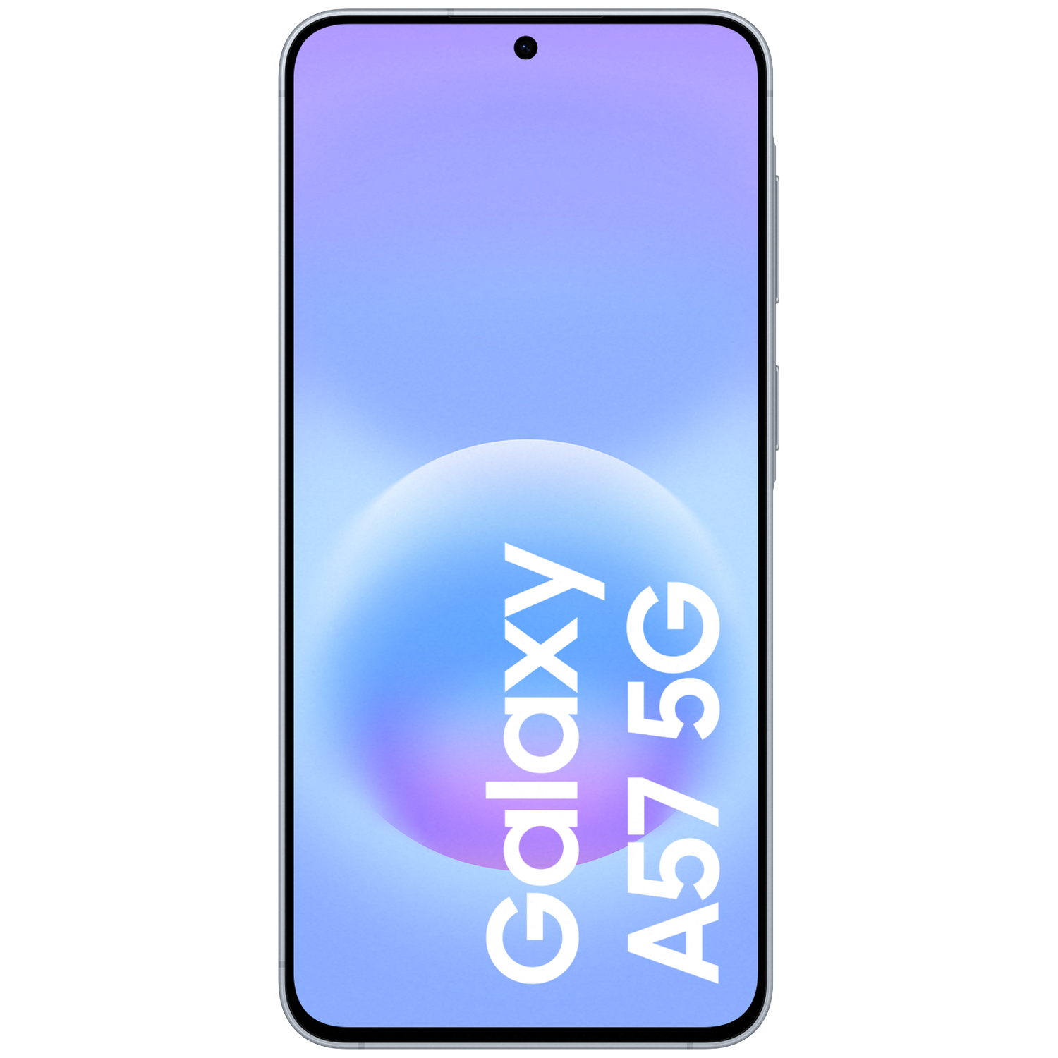 A Samsung Galaxy A57 5G smartphone with a purple gradient background and circle graphic.