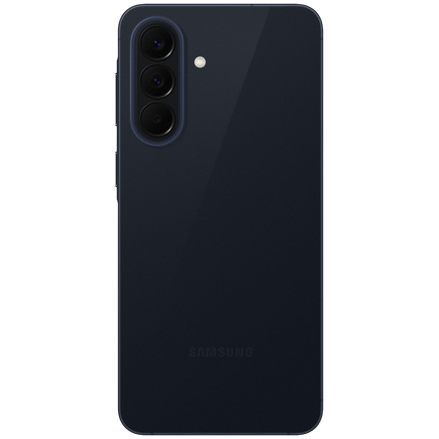 Dark blue Samsung phone back with three cameras and a flash. Samsung logo visible.
