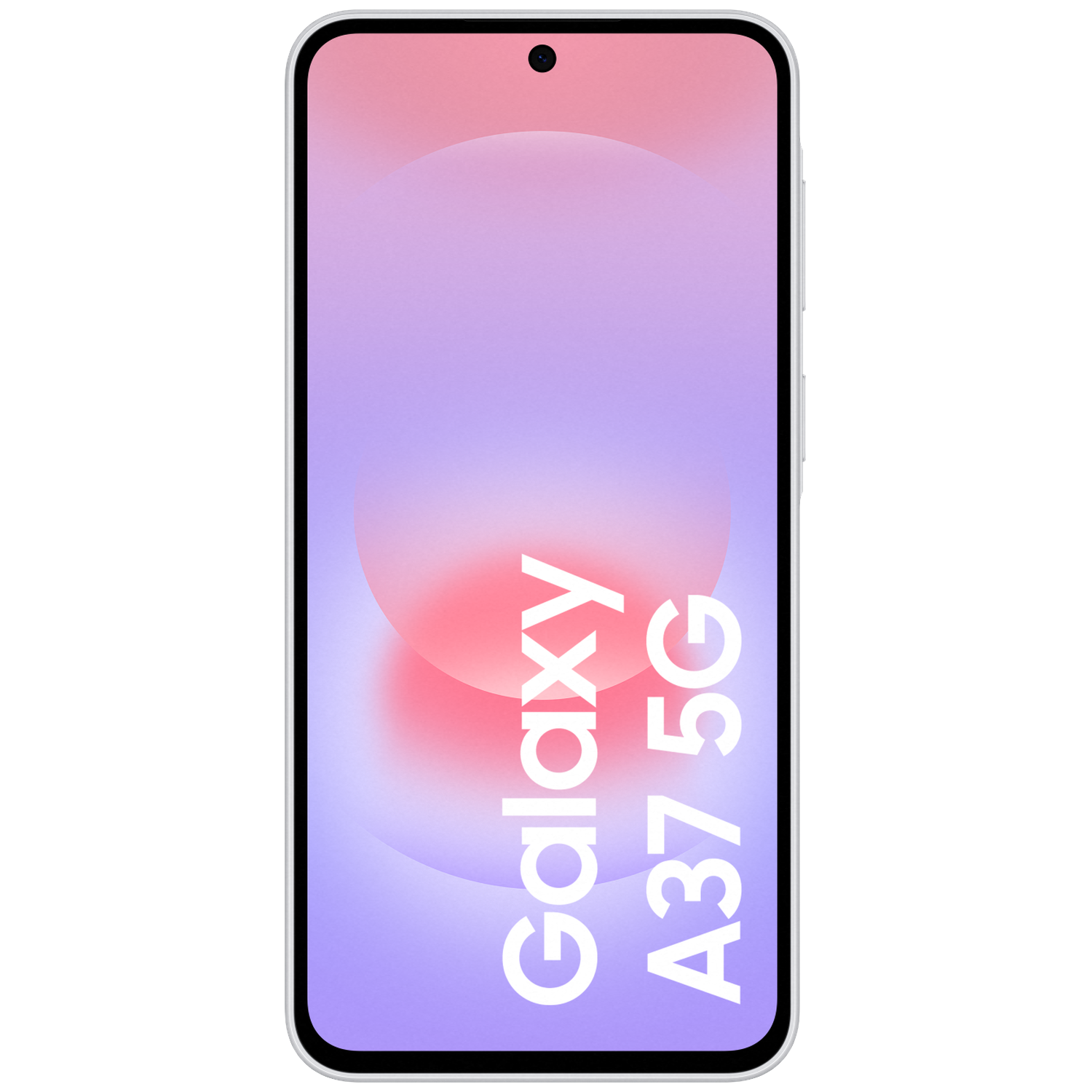 Un smartphone Samsung Galaxy A37 5G blanc avec un fond dégradé rose et violet.