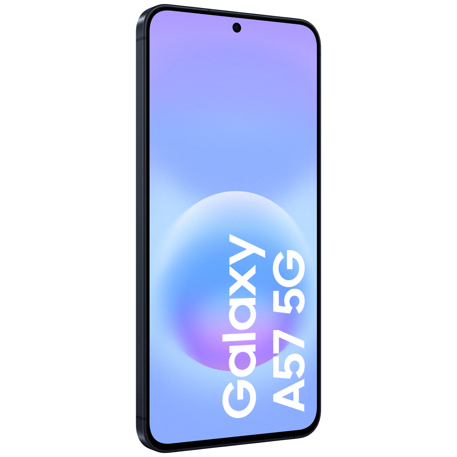 A black Samsung Galaxy A57 5G smartphone with a purple and blue background.