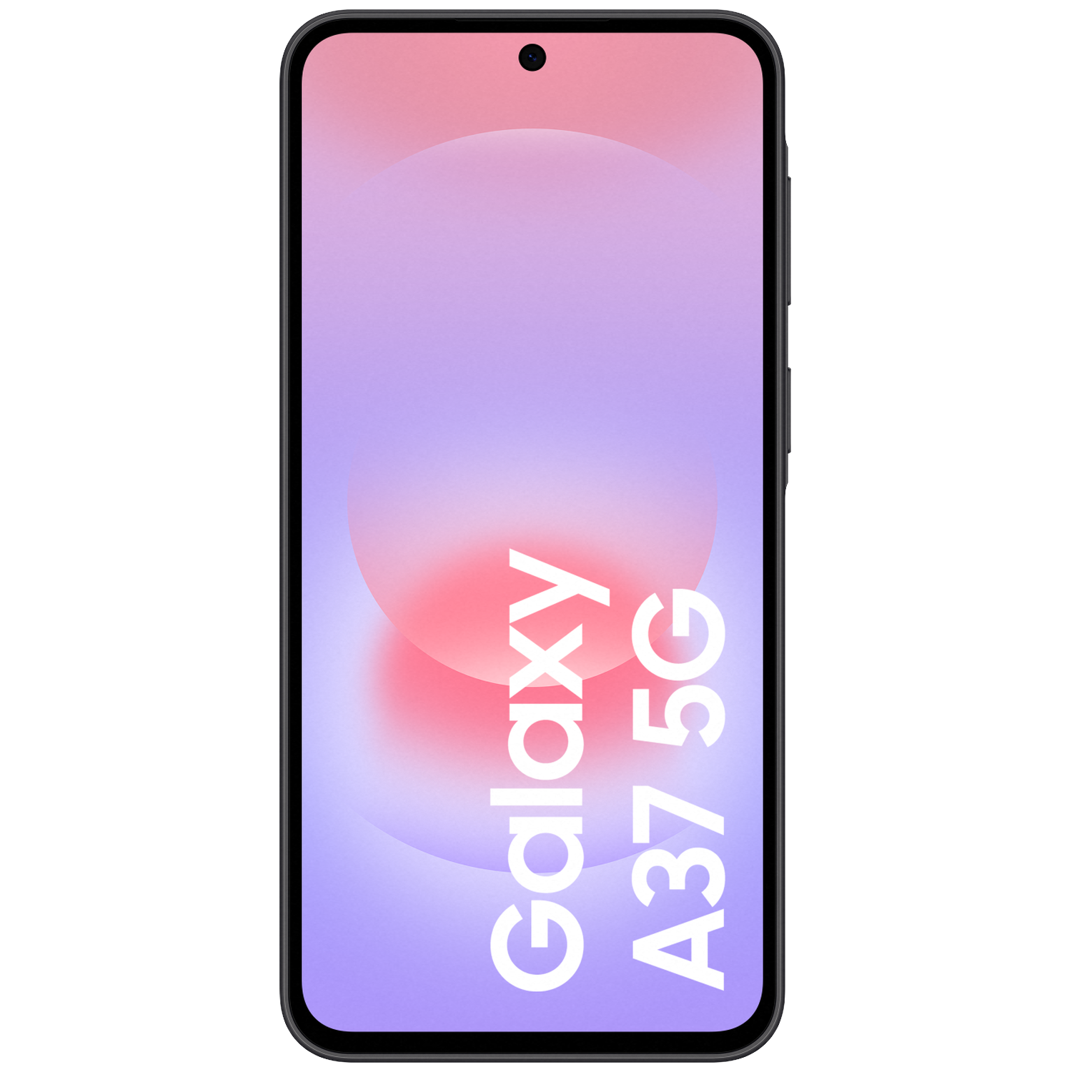 Un smartphone noir avec fond violet et rose affichant du texte.