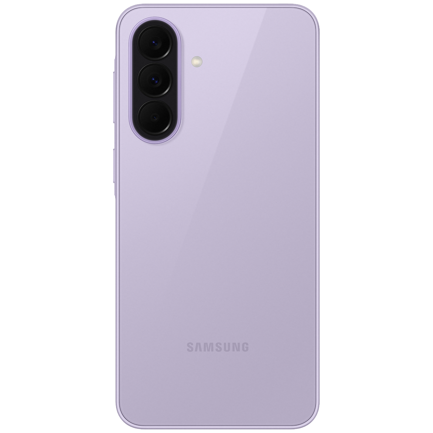 Smartphone Samsung violet avec triple appareil photo et flash sur fond noir.