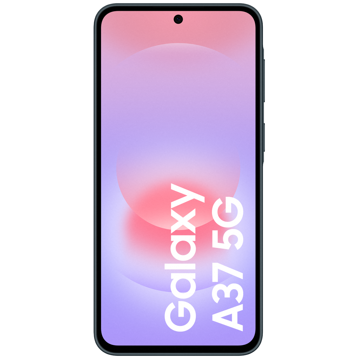 Un smartphone Samsung Galaxy A37 5G sombre avec un fond rose-violet.
