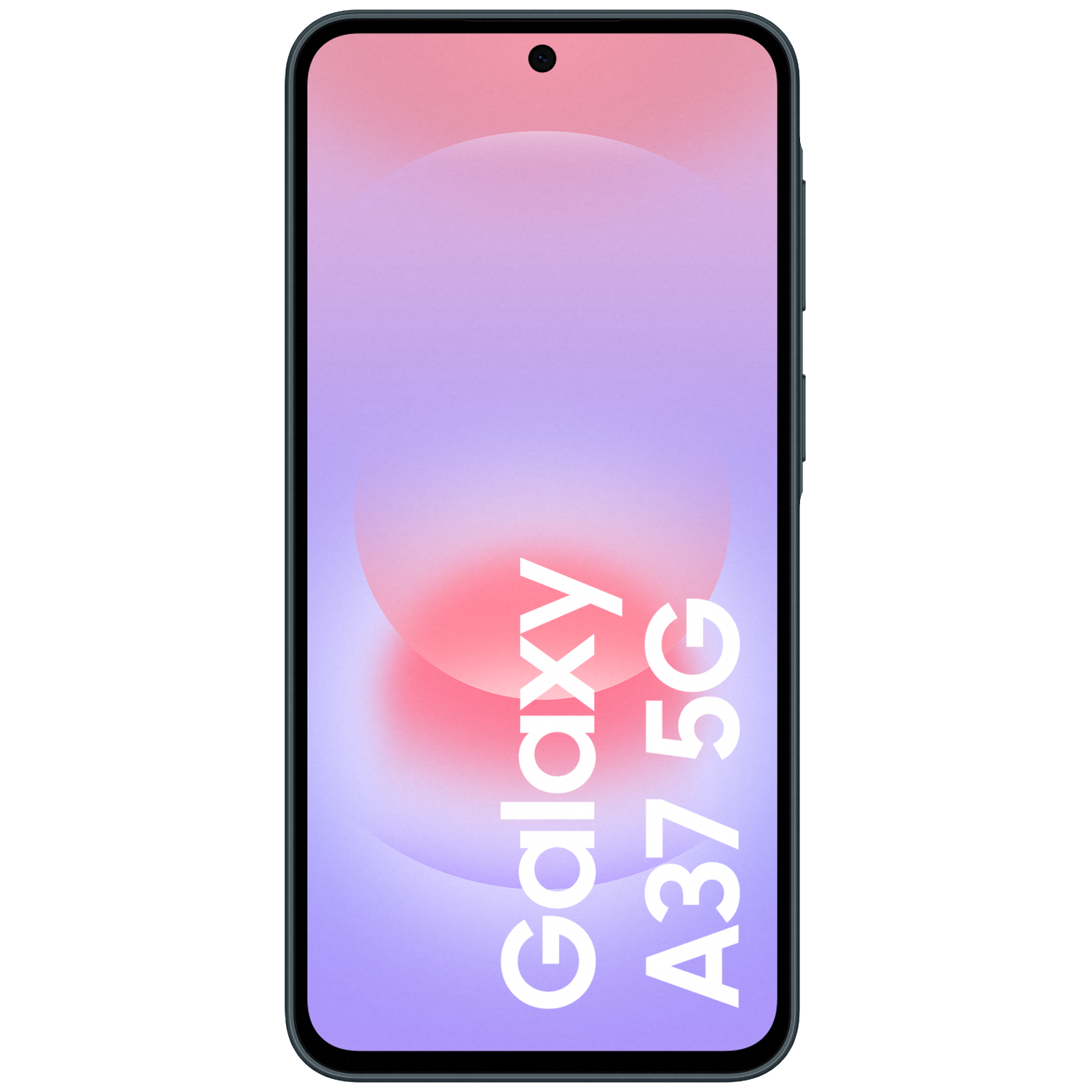 Smartphone Samsung Galaxy A37 5G gris foncé avec graphique de fond rose-violet.
